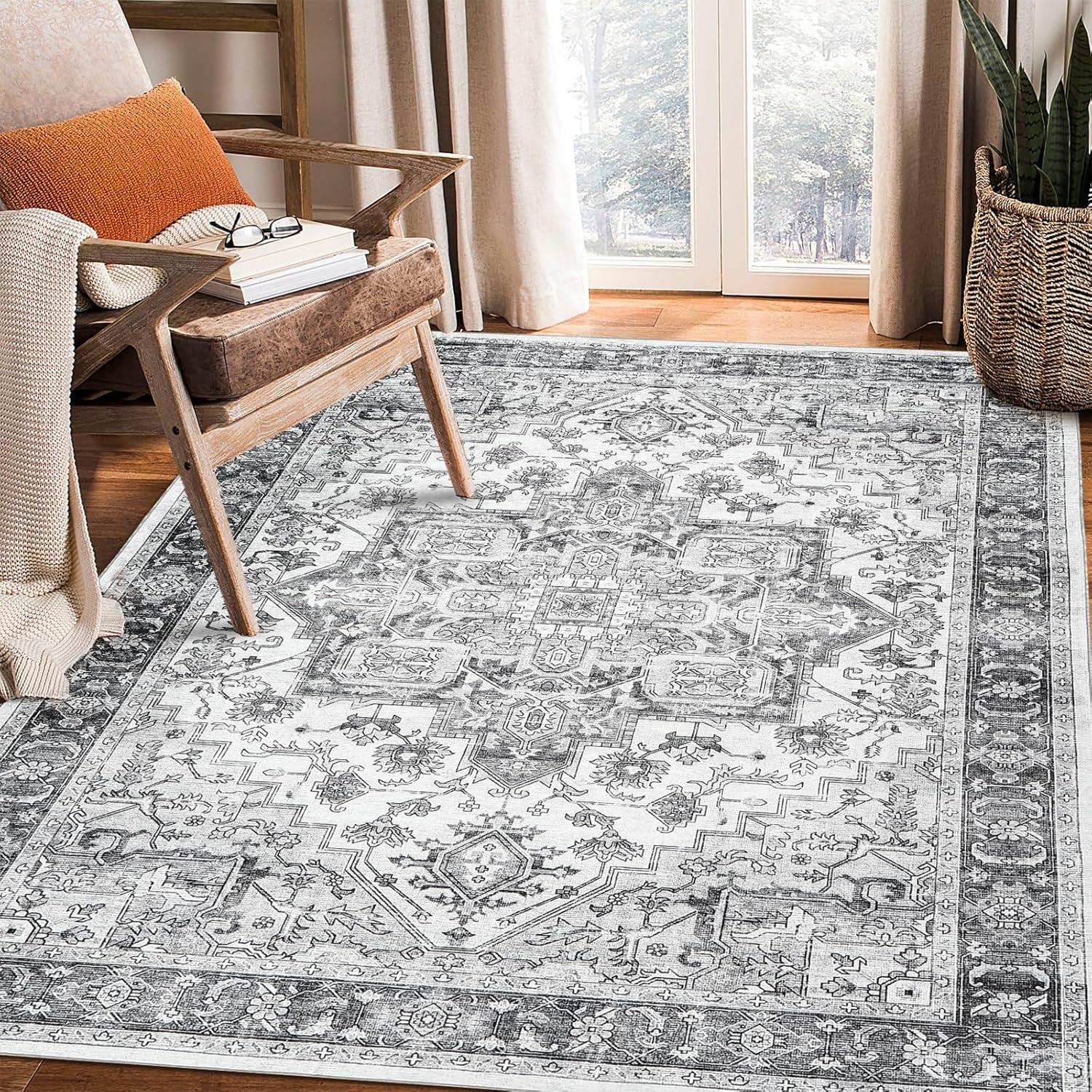 Tzou Washable Area Rug 9x12 for Living Room Retro Boho Chic Medallion Distressed Design Indoor Non-Slip Carpet for Bedroom Office(Grey)