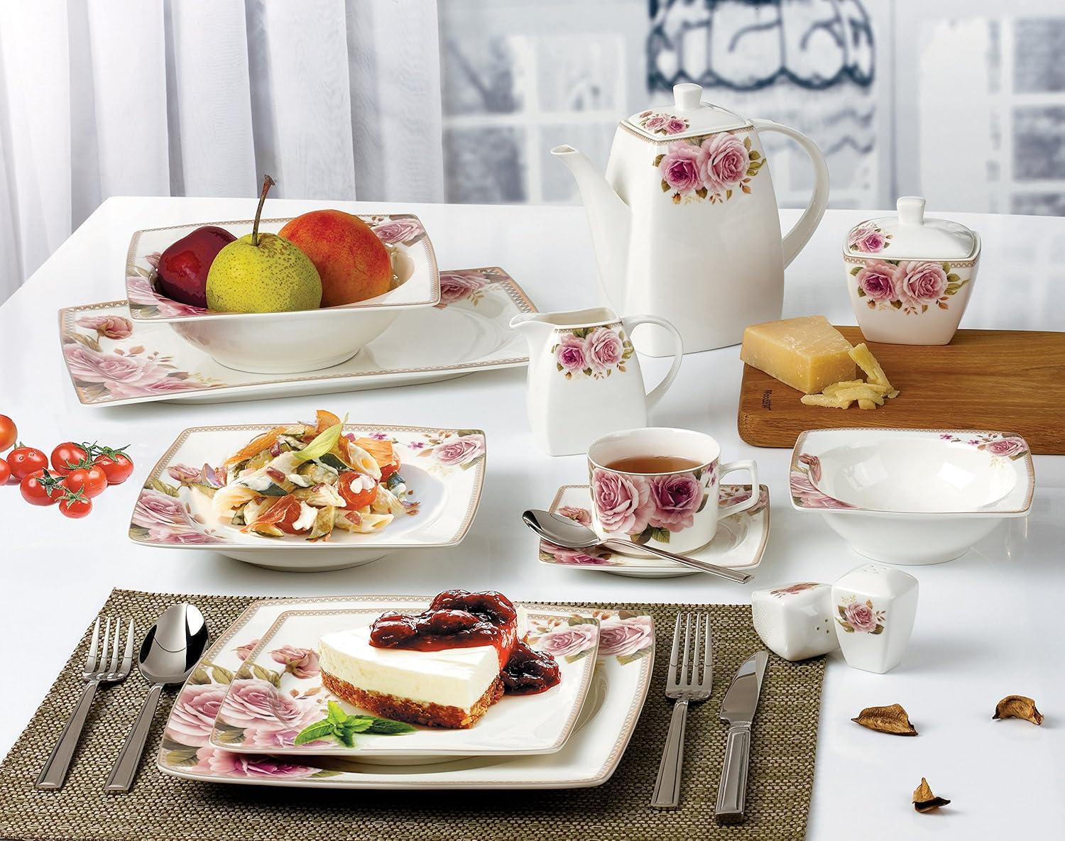 Stylish and Elegant 57 Pieces Bone China Dinnerware Set Service for Hosting Parties and Events for 8 People - Loretta, 57 Piece