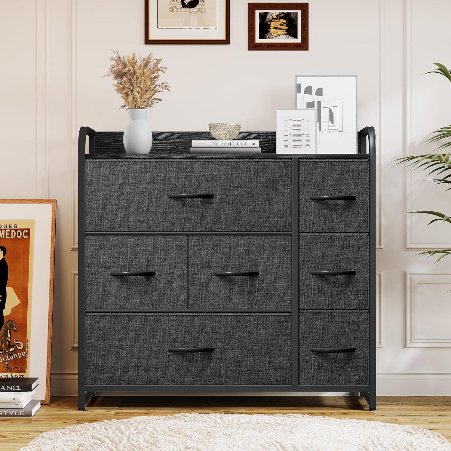 Black and Grey Fabric Dresser with 7 Deep Drawers