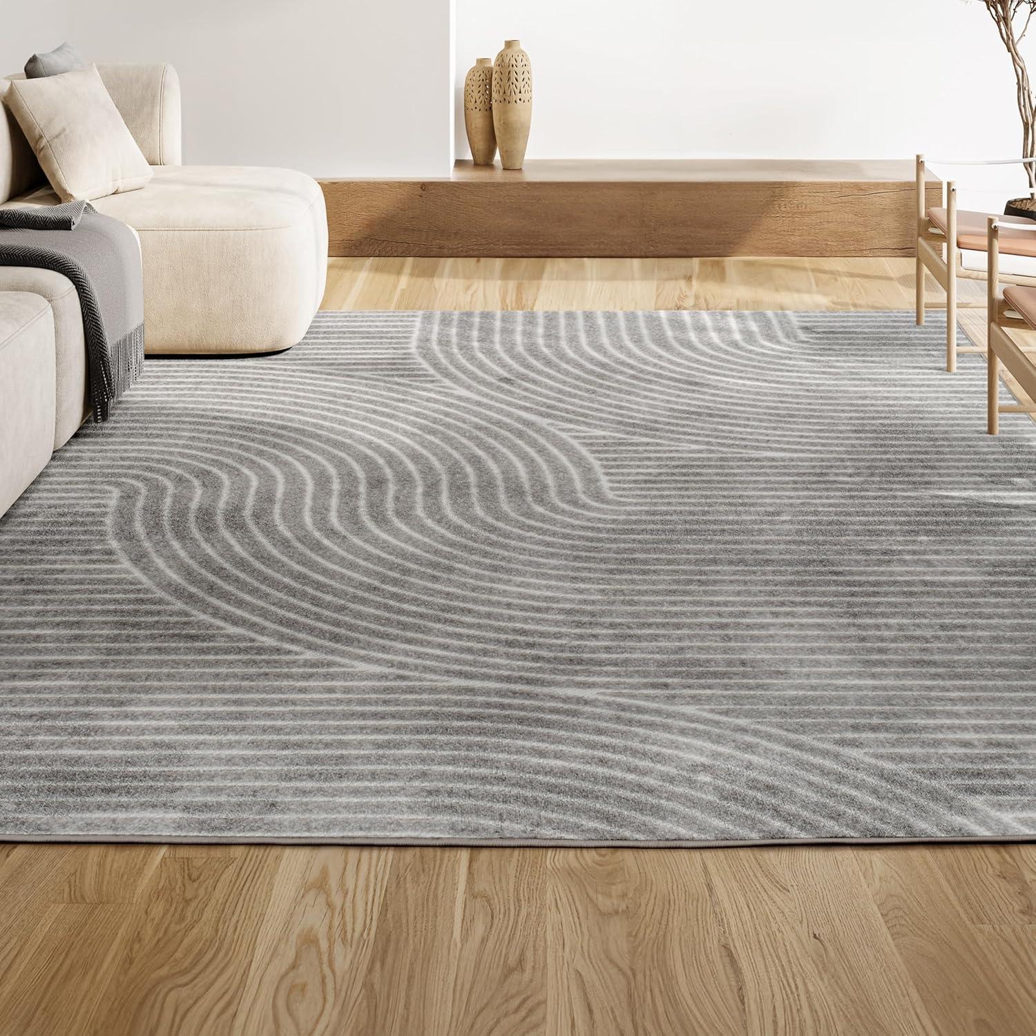 JONATHAN Y Skagen High-Low Minimalist Curve Geometric Gray/Ivory 4 ft. x 6 ft. Indoor/Outdoor Area Rug
