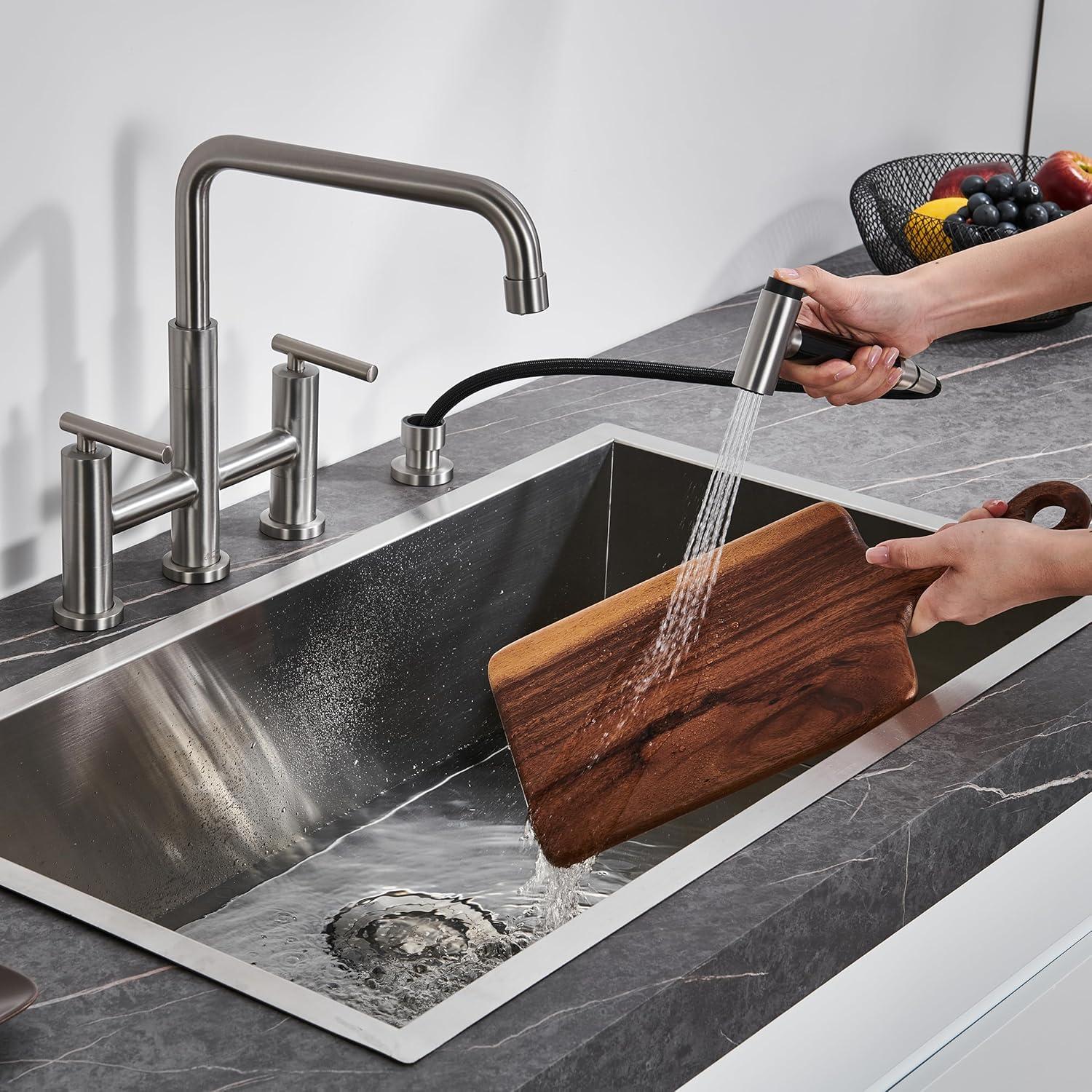 Double Handle Bridge Kitchen Faucet in Brushed Gold, with Put Out Side Sprayer