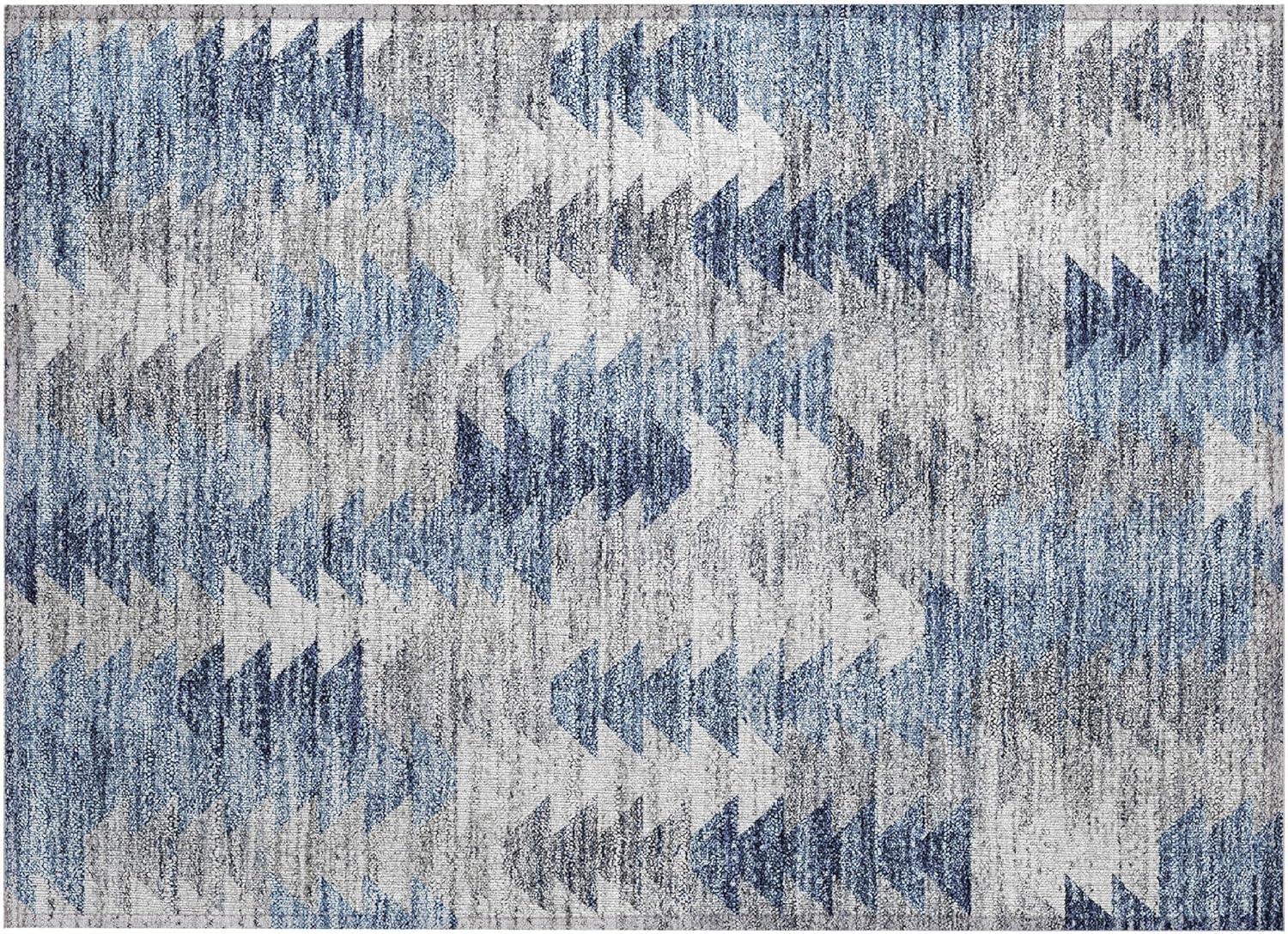 Blue and Gray Synthetic Flat Woven Washable Rug