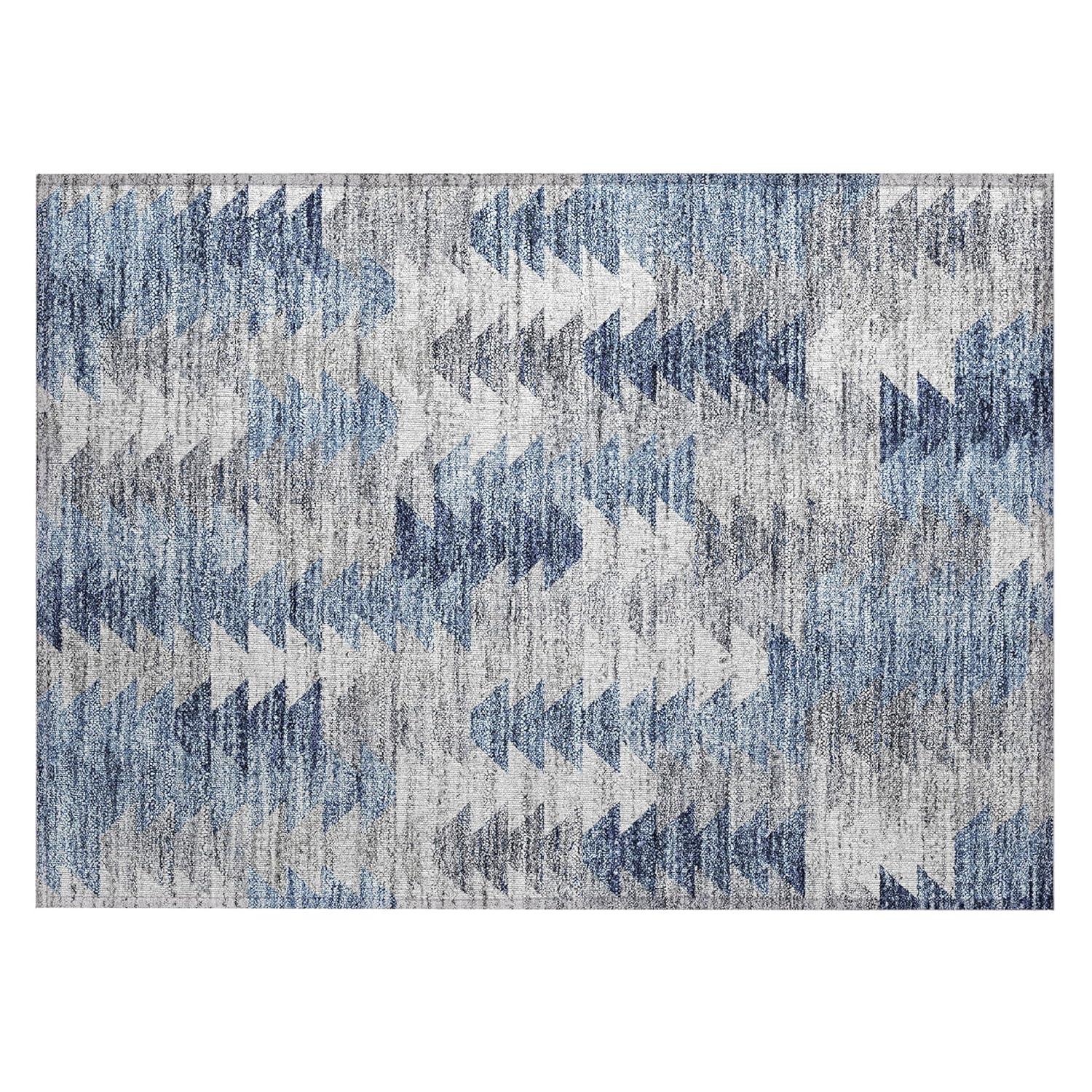 Blue and Gray Synthetic Flat Woven Washable Rug