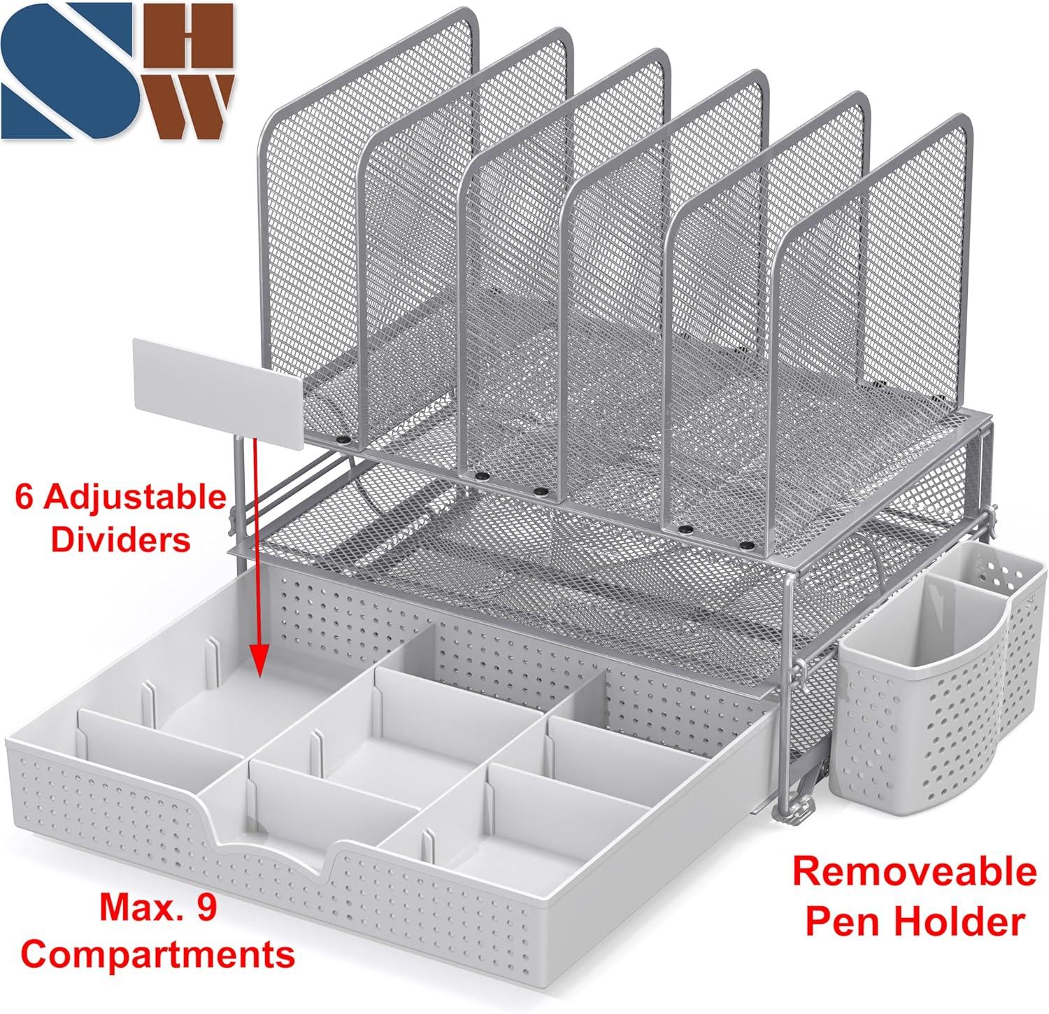 SimpleHouseware Mesh Desk Organizer with Sliding Drawer, Double Tray and 5 Upright Sections, Silver