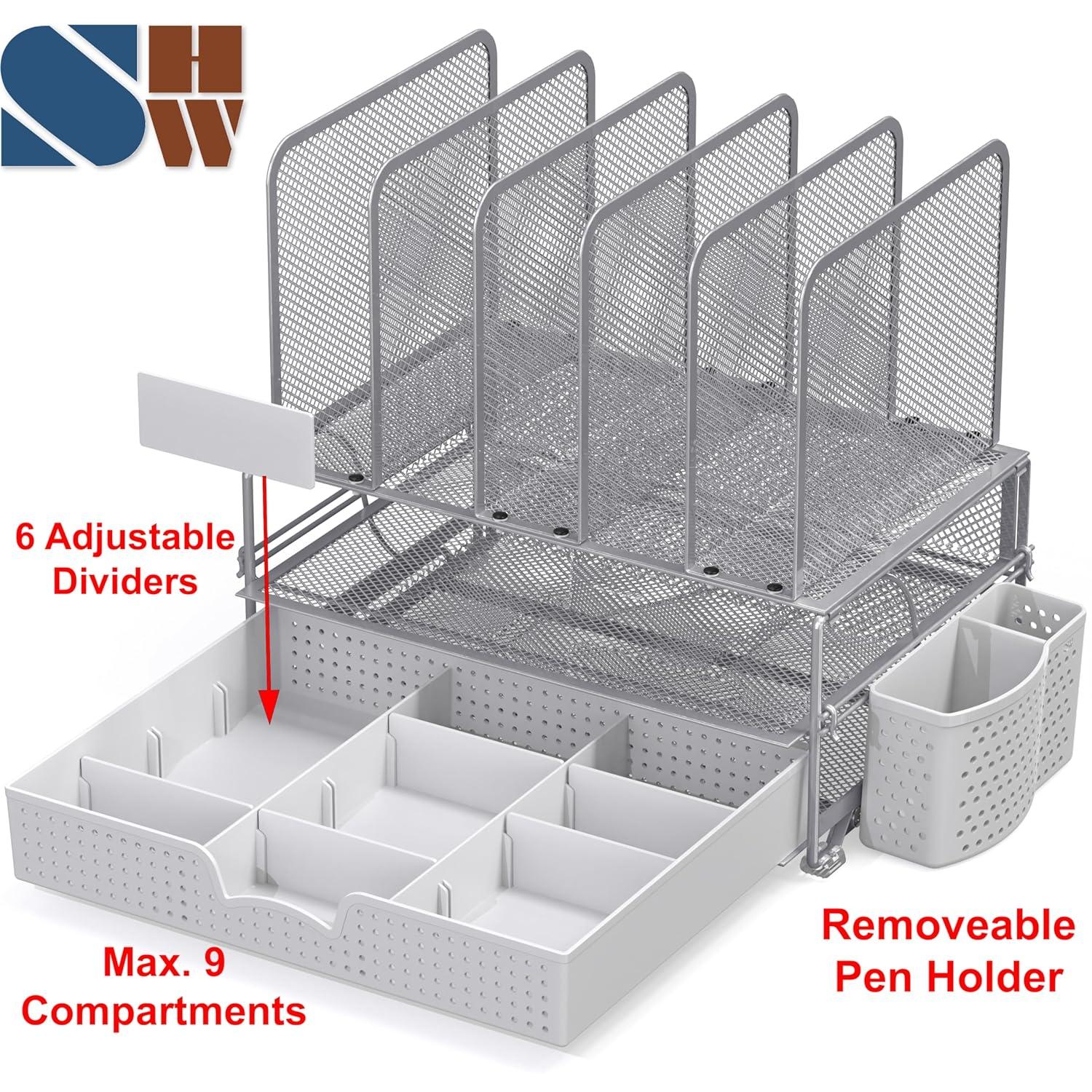 Simple Houseware Mesh Desk Organizer with Sliding Drawer, Double Tray and 5 Upright Sections, Silver