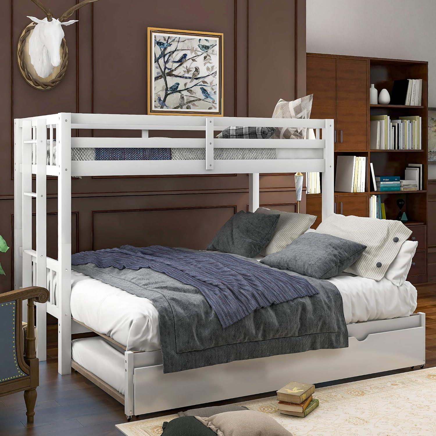 DreamBuck, Twin over Pull-out Bunk Bed with Trundle, Solid Wood Twin Over Twin/King Bunk Bed, Extendable Bunk Beds with Ladder and Safety Rail, Thicken Wooden Bunkbed, Accommodate 4 People, White