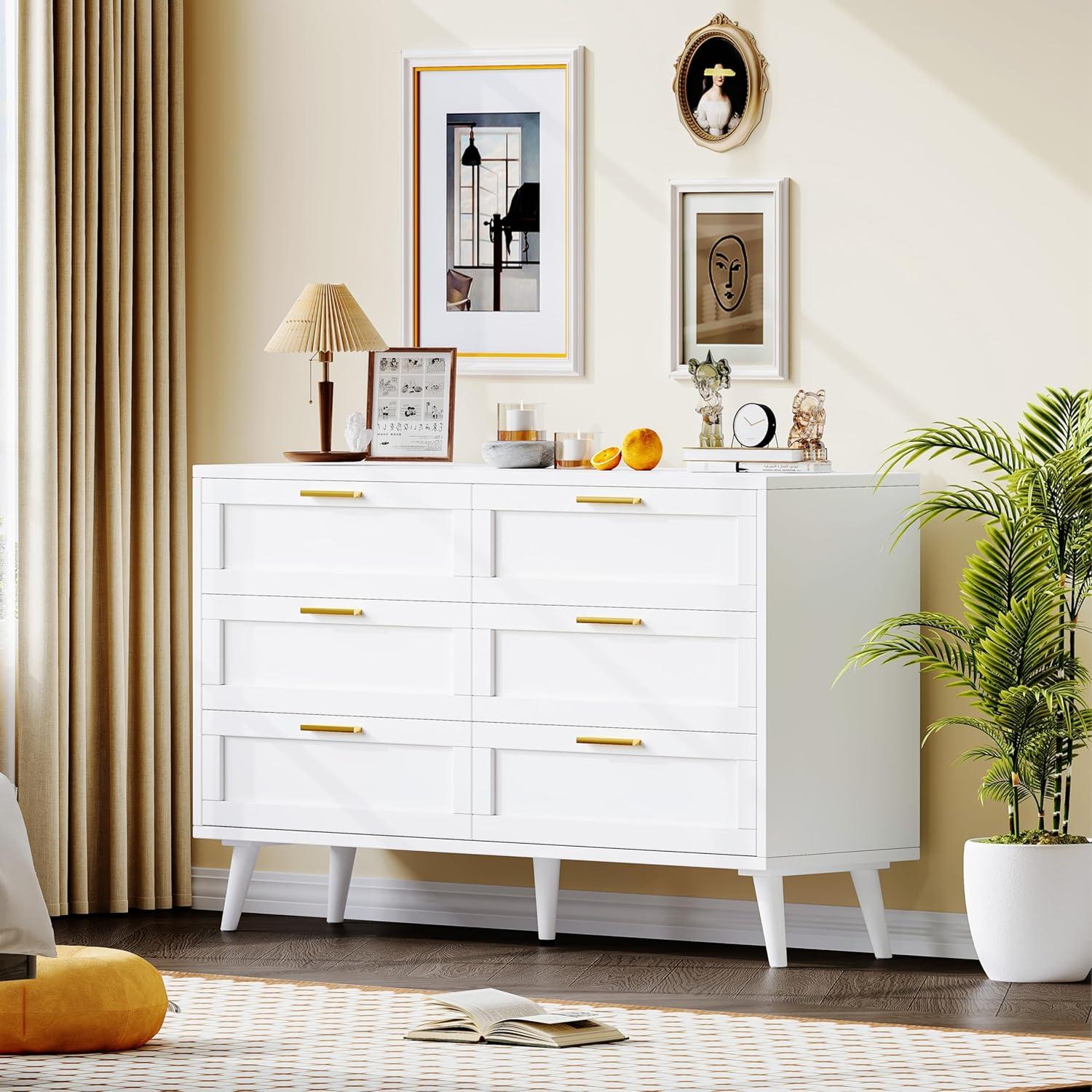 White Double Dresser with Golden Handles and Six Drawers