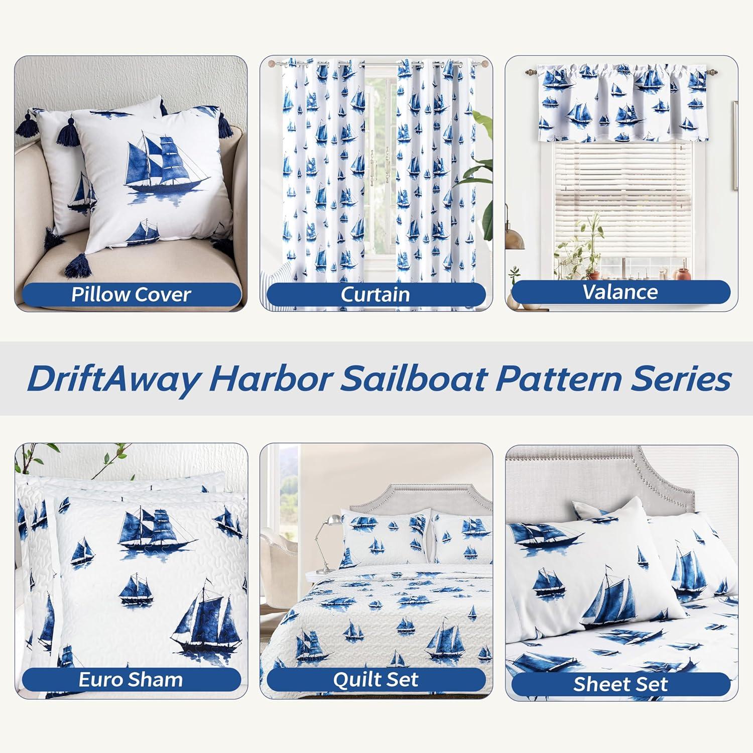 Navy and White Polyester Sailboat Print Blackout Valance