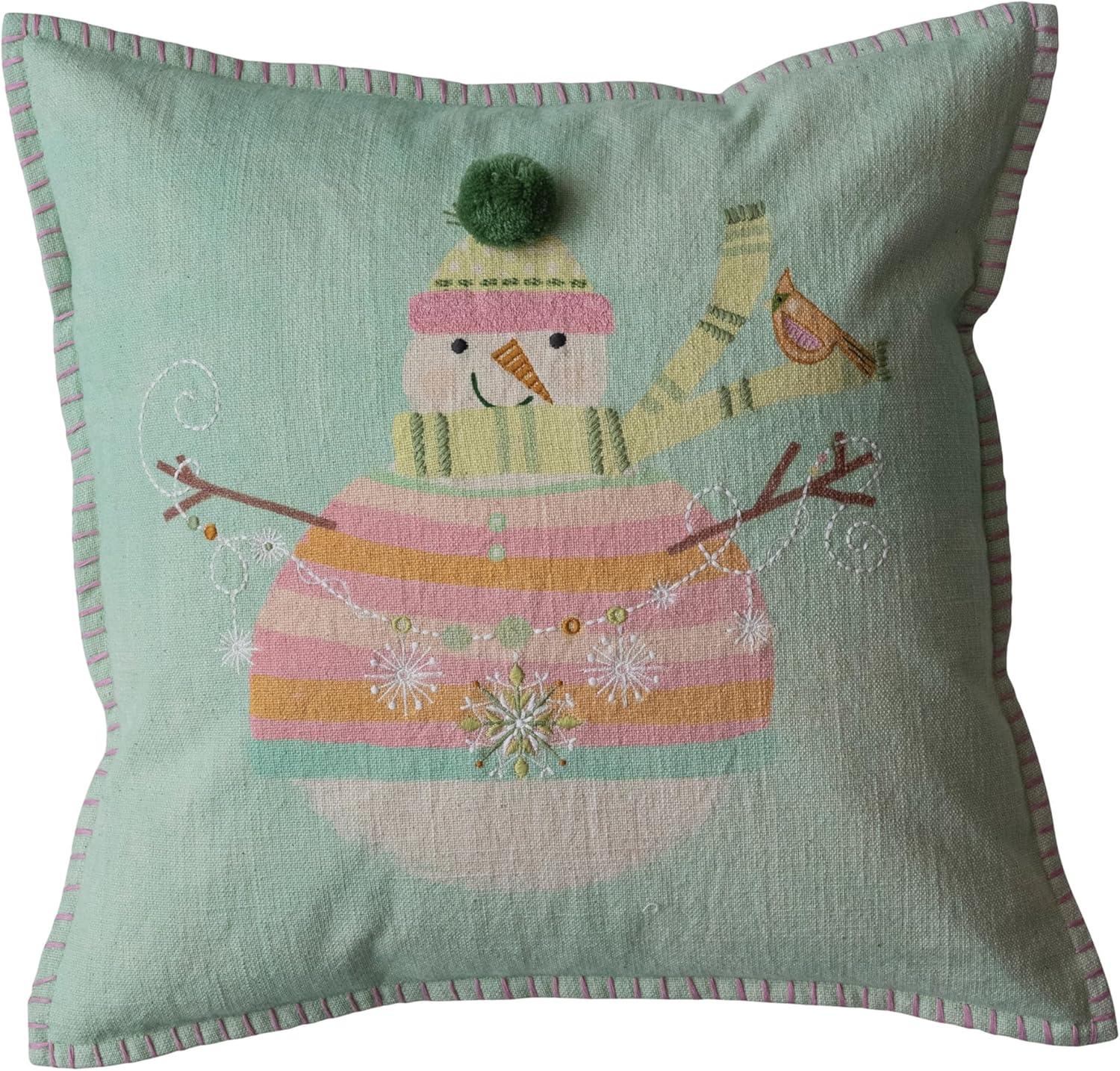 18" Multicolor Cotton Snowman Embroidered Holiday Throw Pillow