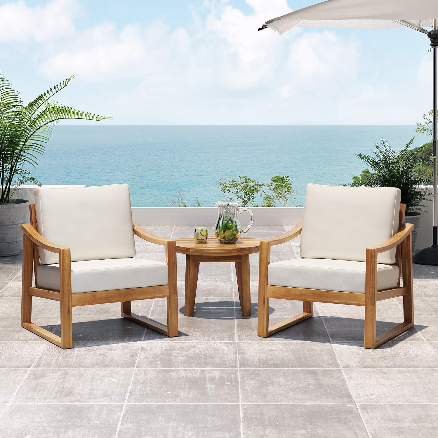 Teak and Beige Acacia Wood Outdoor Club Chairs with Cushions