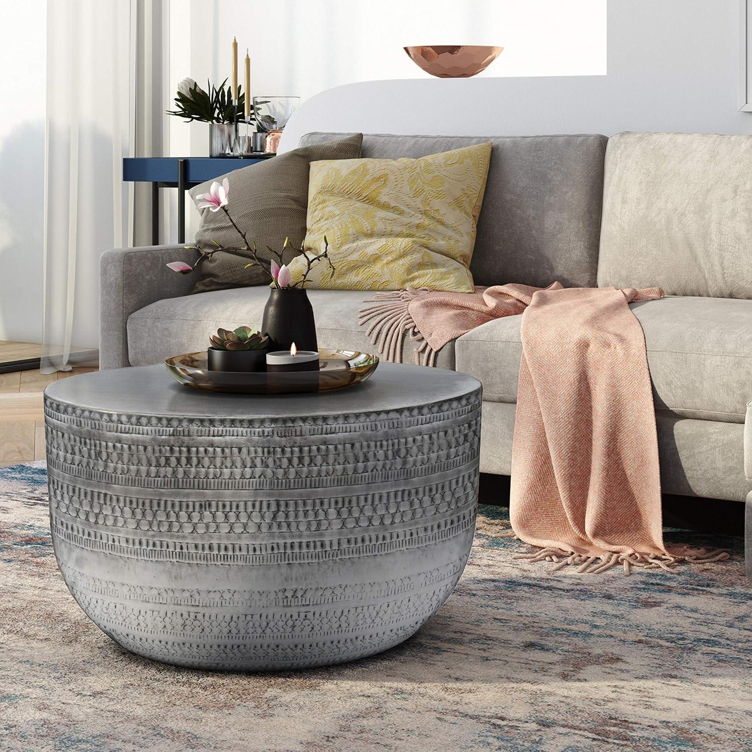 Simpli Home Johnsen Boho 30 in. W Round Metal Coffee Table in Antique Silver, Fully Assembled