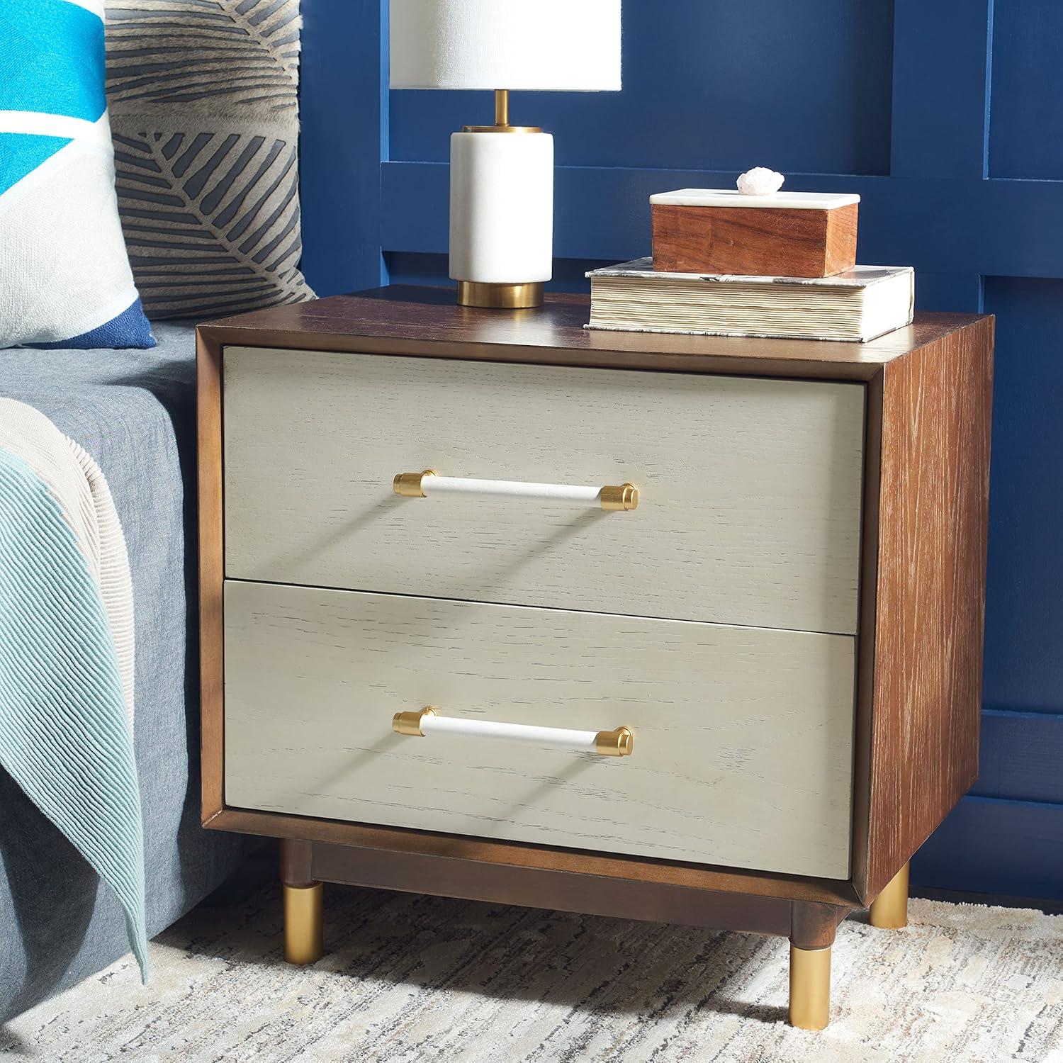 Retro Rustic Walnut/White Washed 2 Drawer Nightstand with Brass Accents