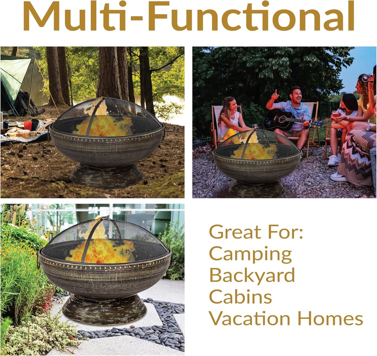 SunnyDaze Decor 30" Wood-Burning Black Finish Steel Fire Pit Bowl with Screen, Grate, and Poker