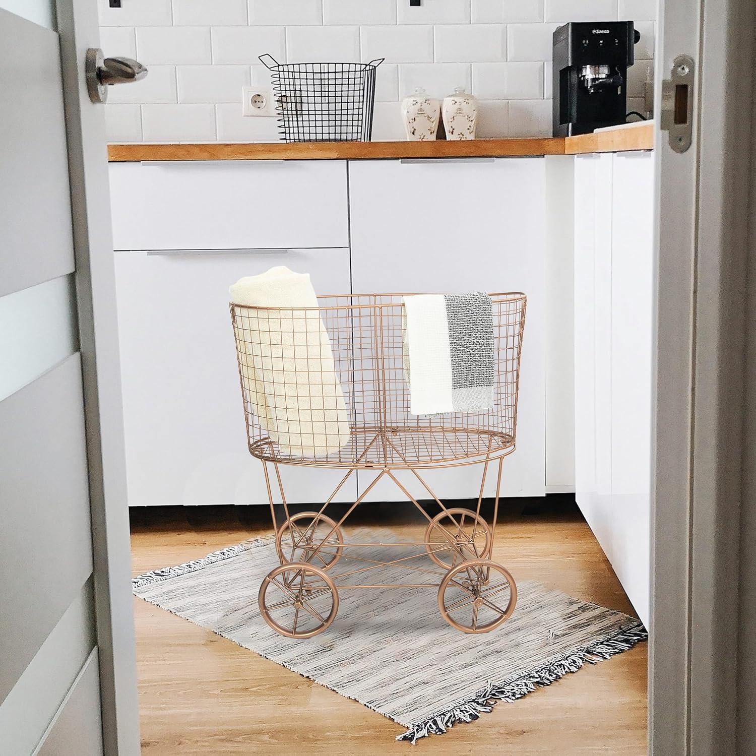 Storied Home Metal Rolling Laundry Cart with Rack, Copper