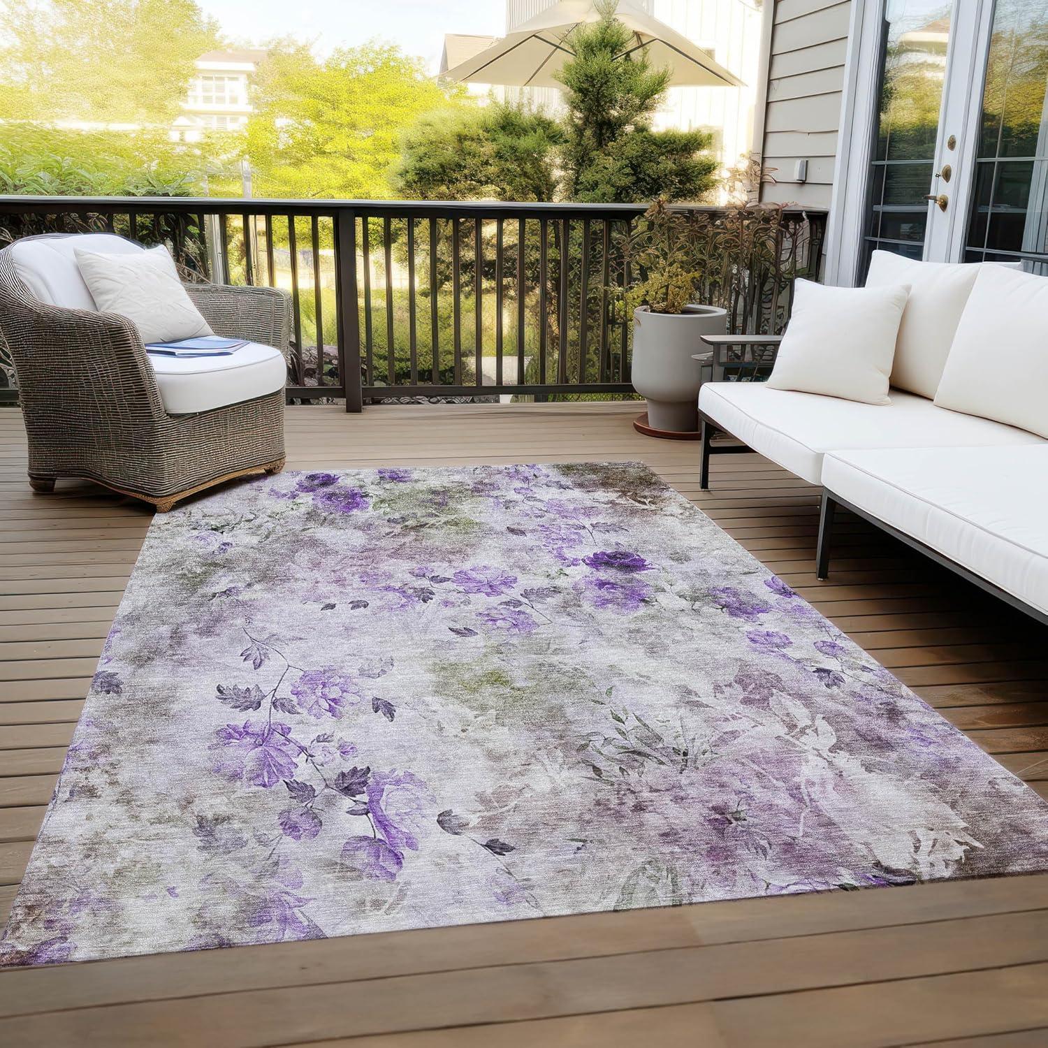 Purple Floral Synthetic 5' x 7' Washable Reversible Rug