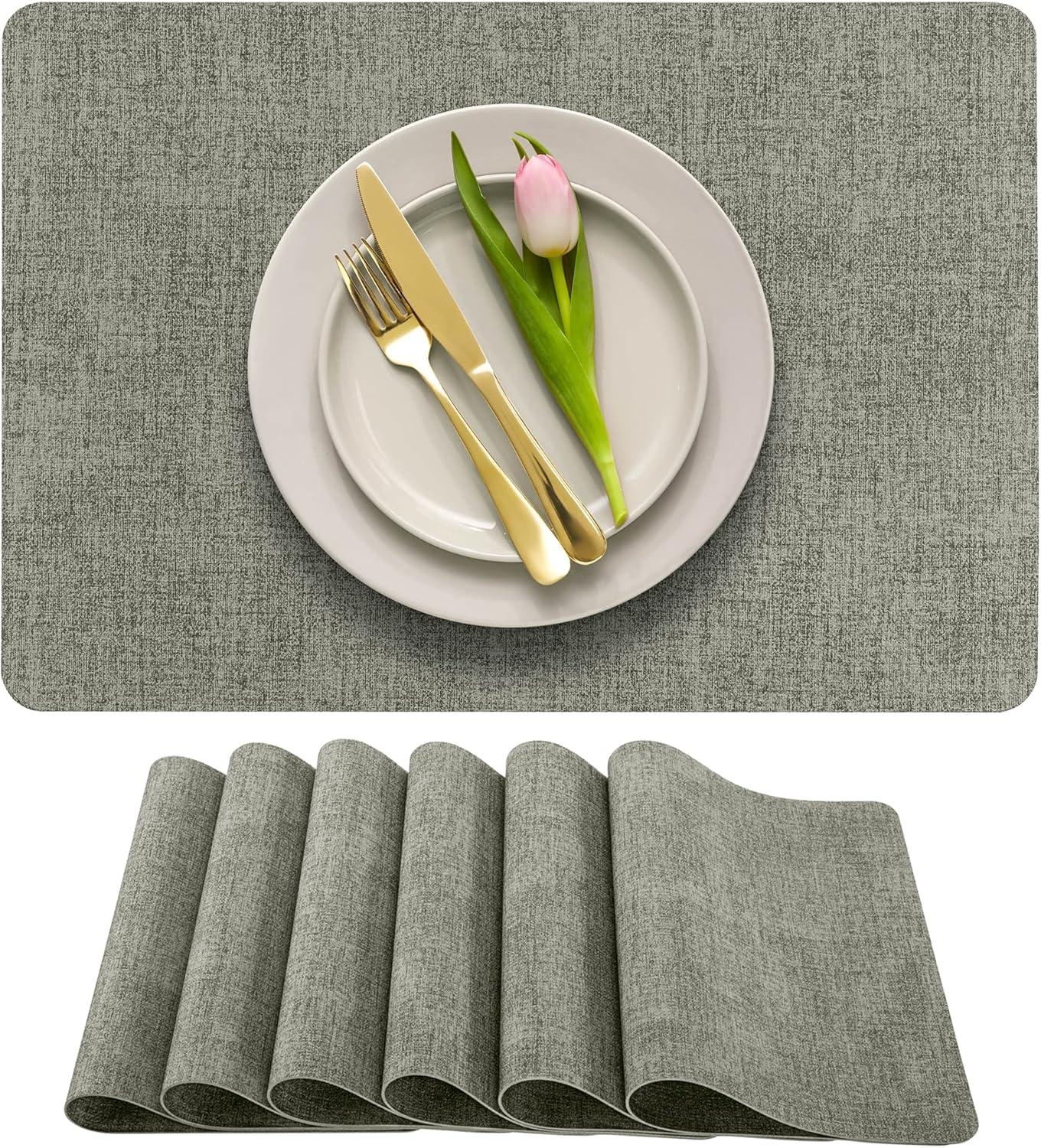 FOCUSLINE Faux Leather Placemats Set of 6, Light Grey Table Place Mats, Waterproof and Non-Slip Dining Table Mats for Indoor & Outdoor Use