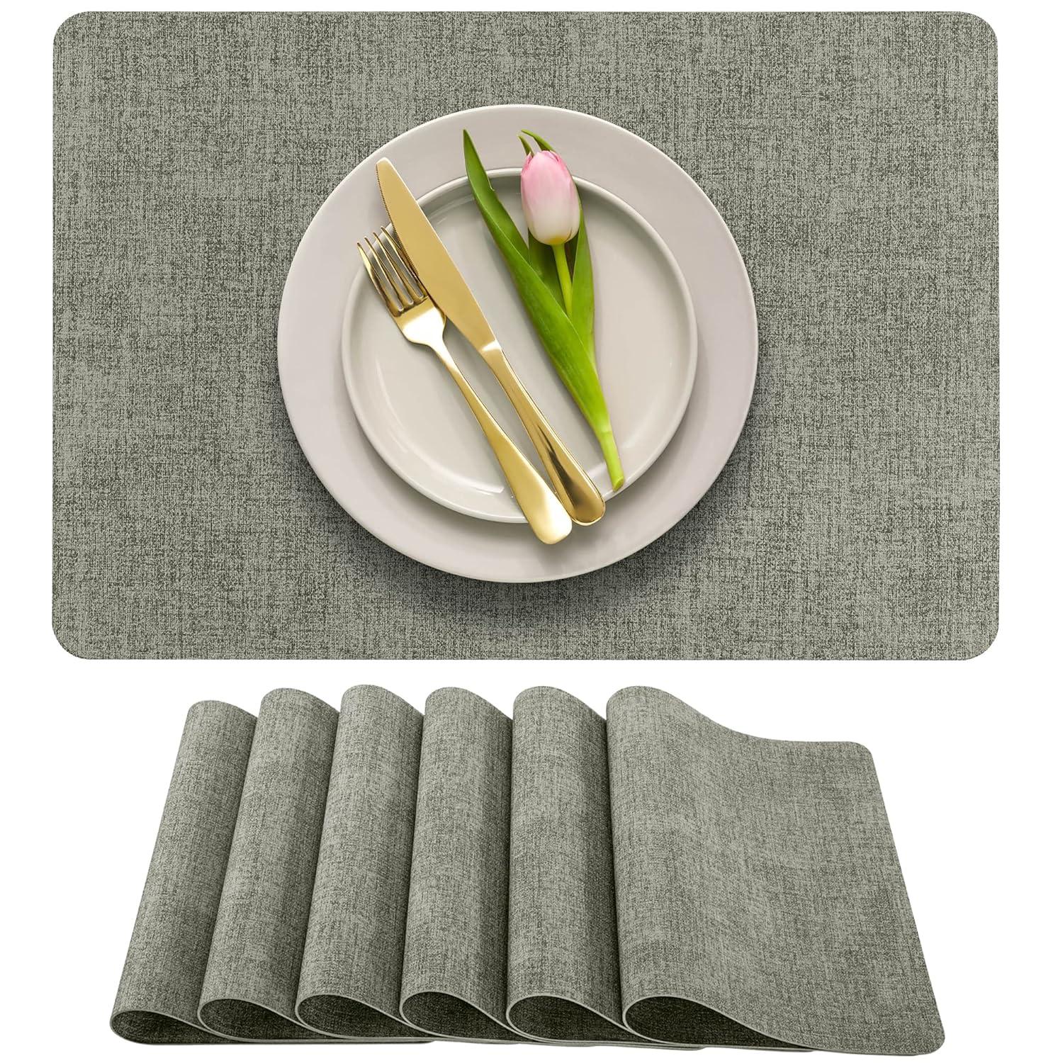 FOCUSLINE Faux Leather Placemats Set of 6, Light Grey Table Place Mats, Waterproof and Non-Slip Dining Table Mats for Indoor & Outdoor Use