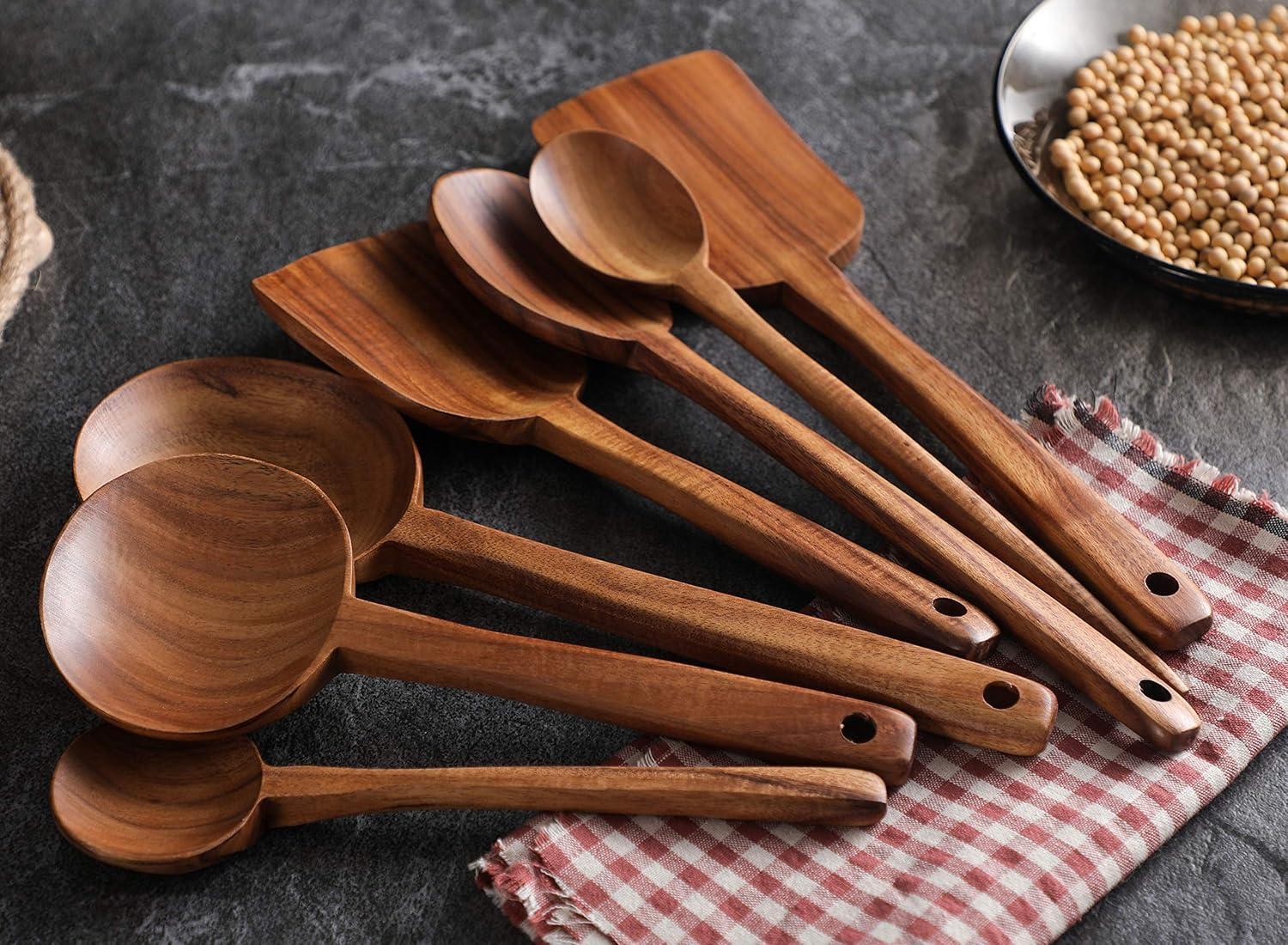 Teak Wood Long Handle Cooking Utensil Set, 7-Piece