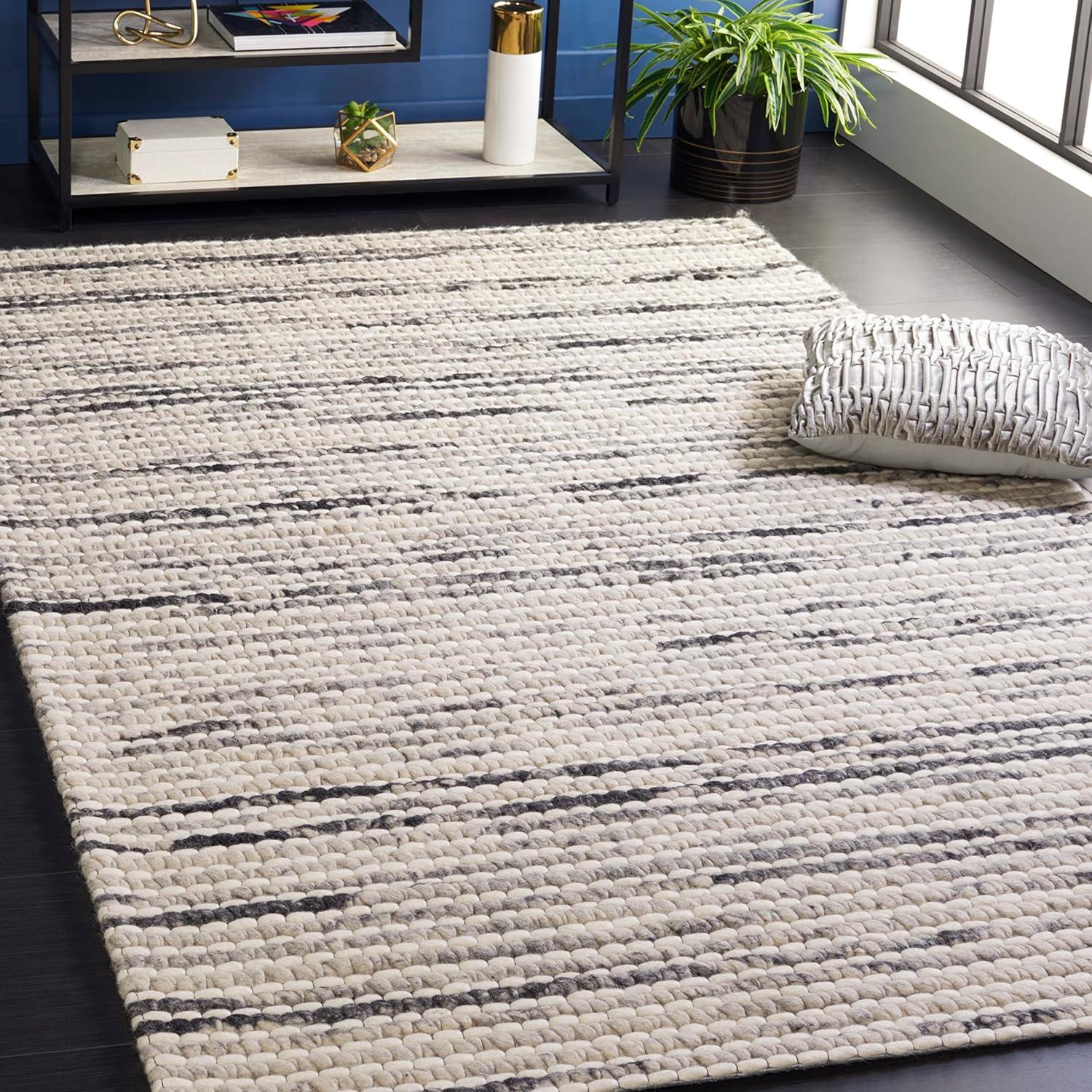 Handmade Black and Ivory Striped Wool Area Rug, 5' x 8'