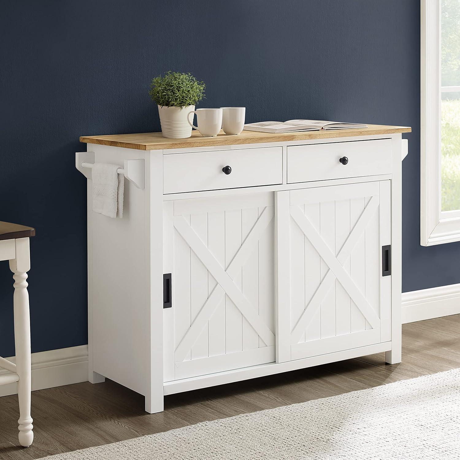 Laurel Kitchen Island/Cart White/Natural - Crosley: Farmhouse Style, Towel Bar, Adjustable Shelf