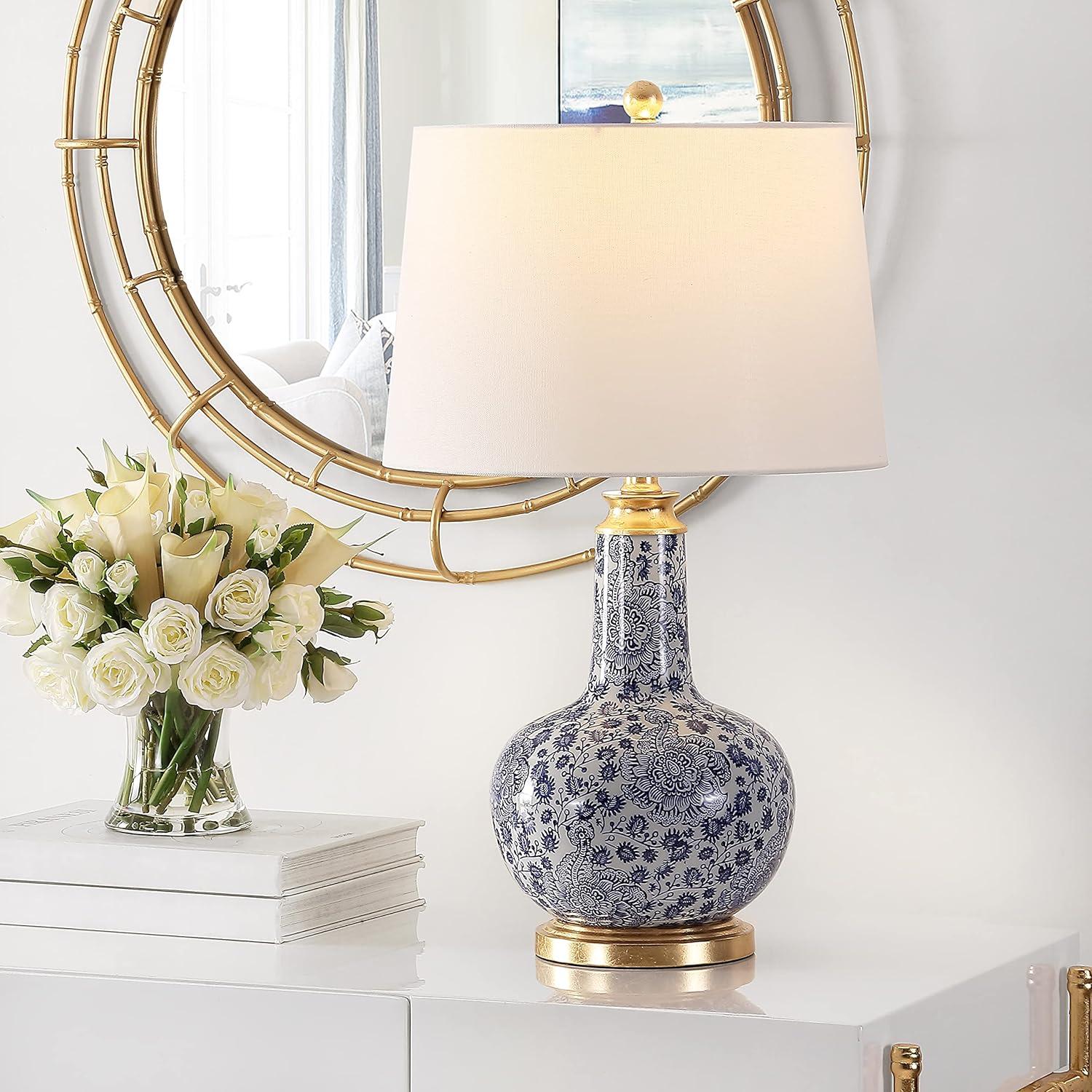 Leia Blue Floral Ceramic Table Lamp with Gold Base