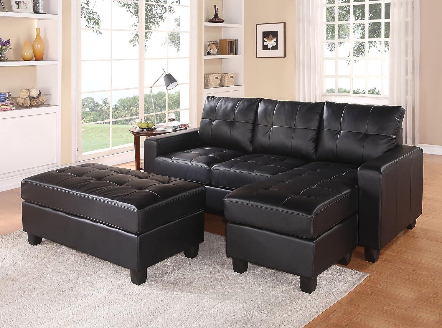 ACME Lyssa Track Arms Bonded Leather Sectional with Ottoman in Black