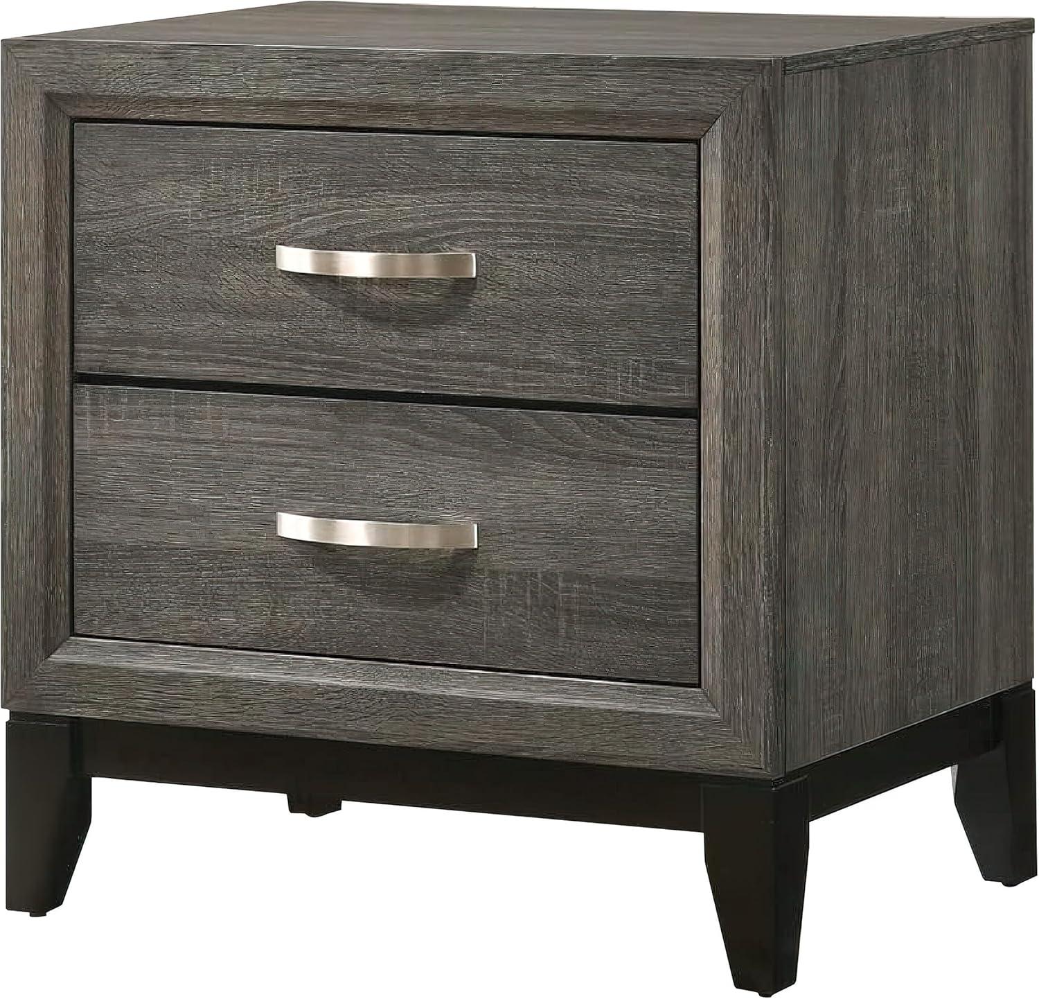 Gray Wood Grain 2 Drawer Nightstand with Metal Handles