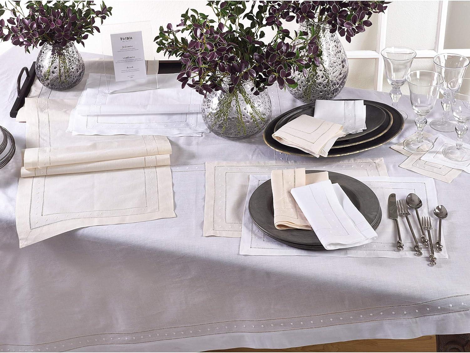 Classic White Linen Cotton Hemstitched Tablecloth 65" x 104"