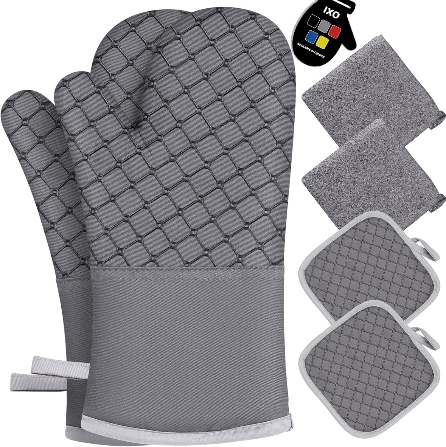 IXO 6Pcs Oven Mitts and Pot Holders, 500℉ Heat Resistant Oven Mitts with Kitchen Towels Soft Cotton Lining and Non-Slip Surface Safe for Baking, Cooking, BBQ