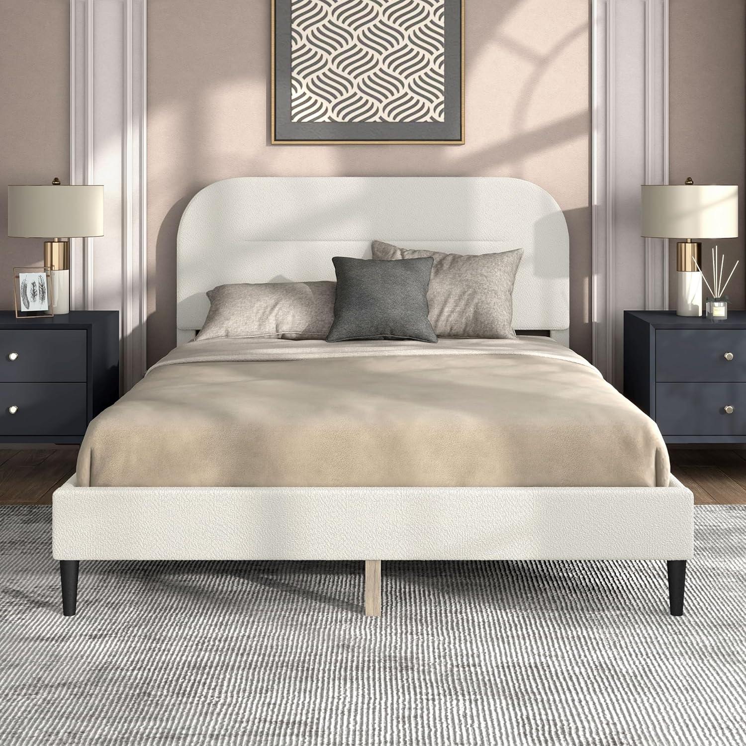24/7 Shop At Home Queen Heartwild Modern Boucle Upholstered Rounded Platform Bed White: Padded Headboard, No Box Spring Required
