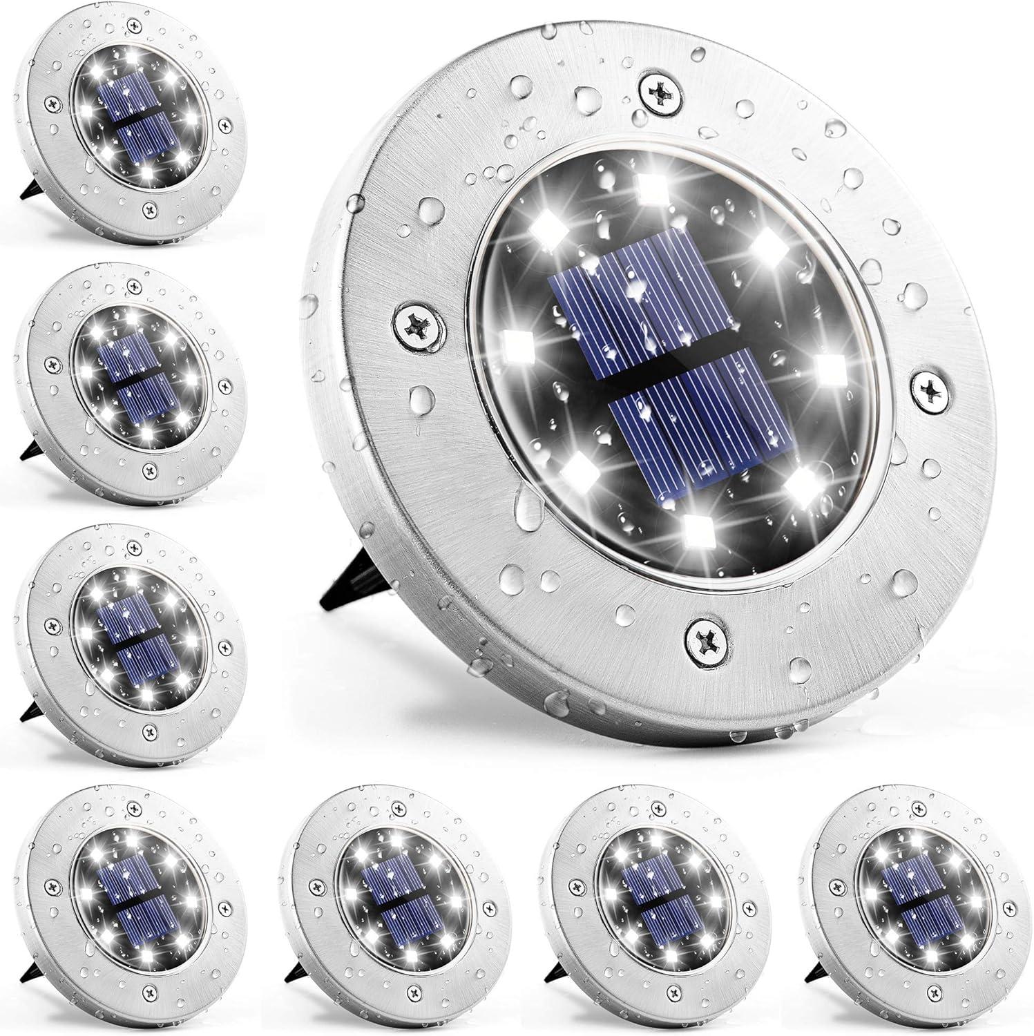 GIGALUMI Solar Ground Lights 8 Pack, 8 LED Solar Powered Disk Lights Outdoor Waterproof Garden Landscape Lighting for Yard Deck Lawn Patio Pathway Walkway (White)