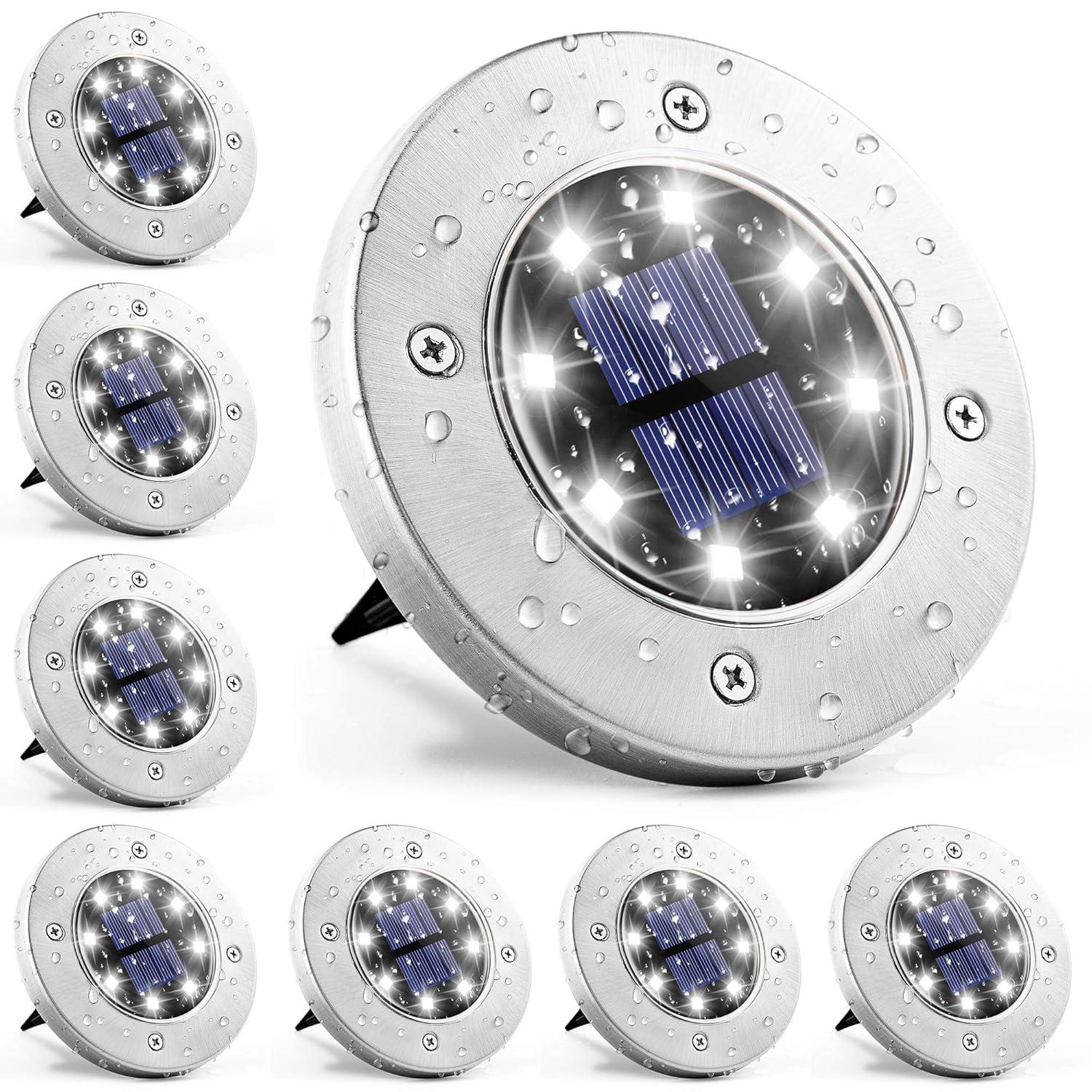 GIGALUMI Solar Ground Lights 8 Pack, 8 LED Solar Powered Disk Lights Outdoor Waterproof Garden Landscape Lighting for Yard Deck Lawn Patio Pathway Walkway (White)