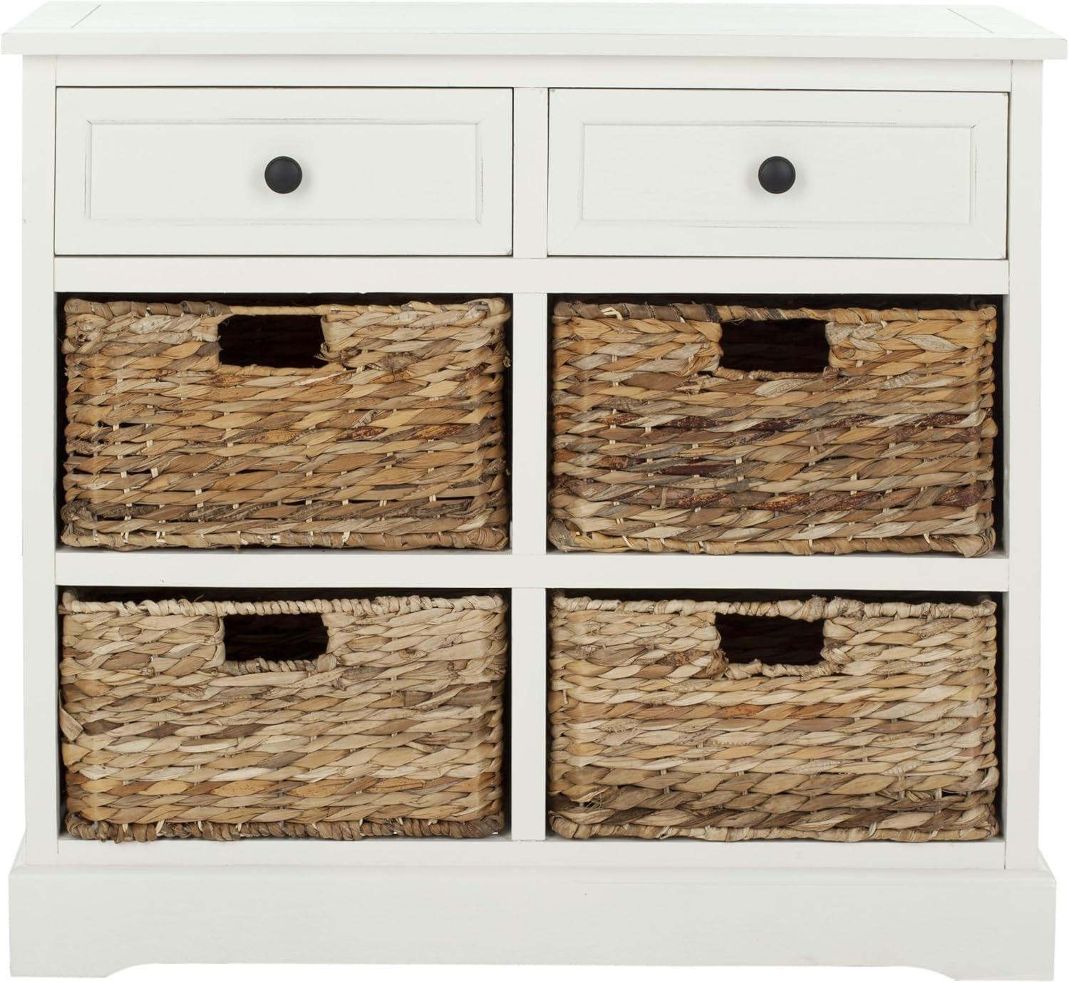 Distressed Cream Pine 6-Drawer Storage Unit with Wicker Baskets