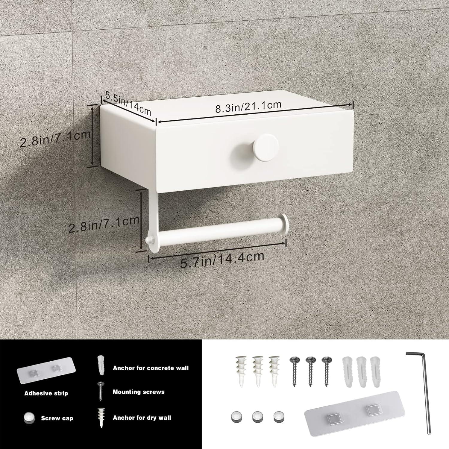 Wall-Mount Adhesive Toilet Paper Holder: Storage Drawer & Shelf - Matte White