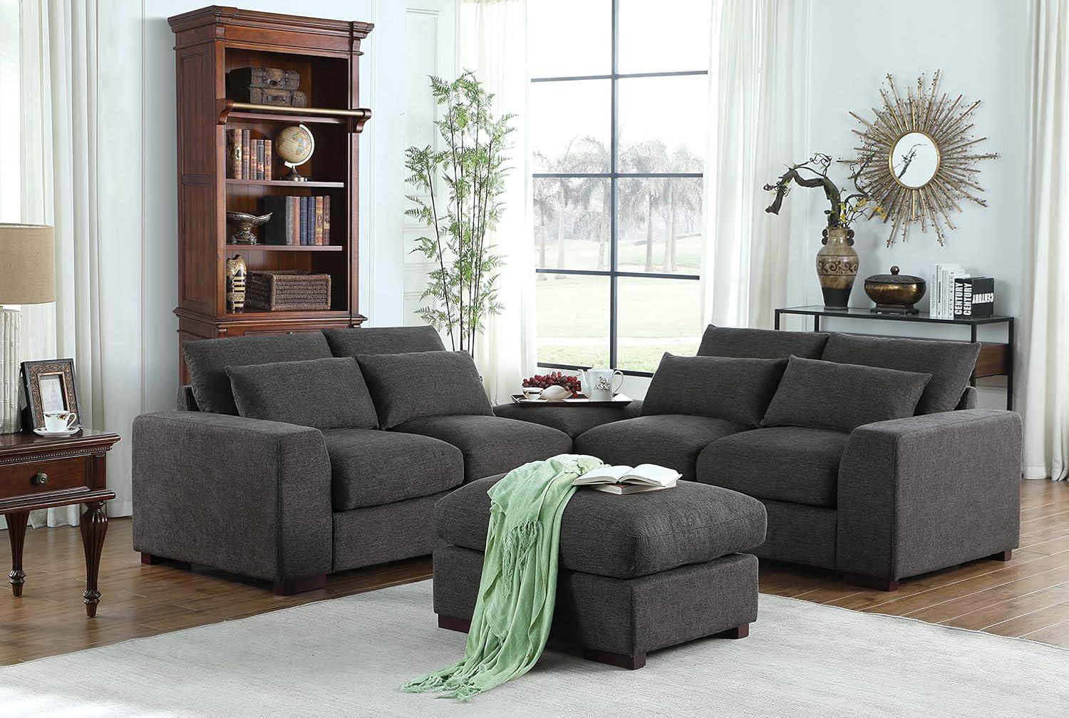 Beige Linen-Blend Modular Sectional Sofa with Ottoman & Toss Pillows