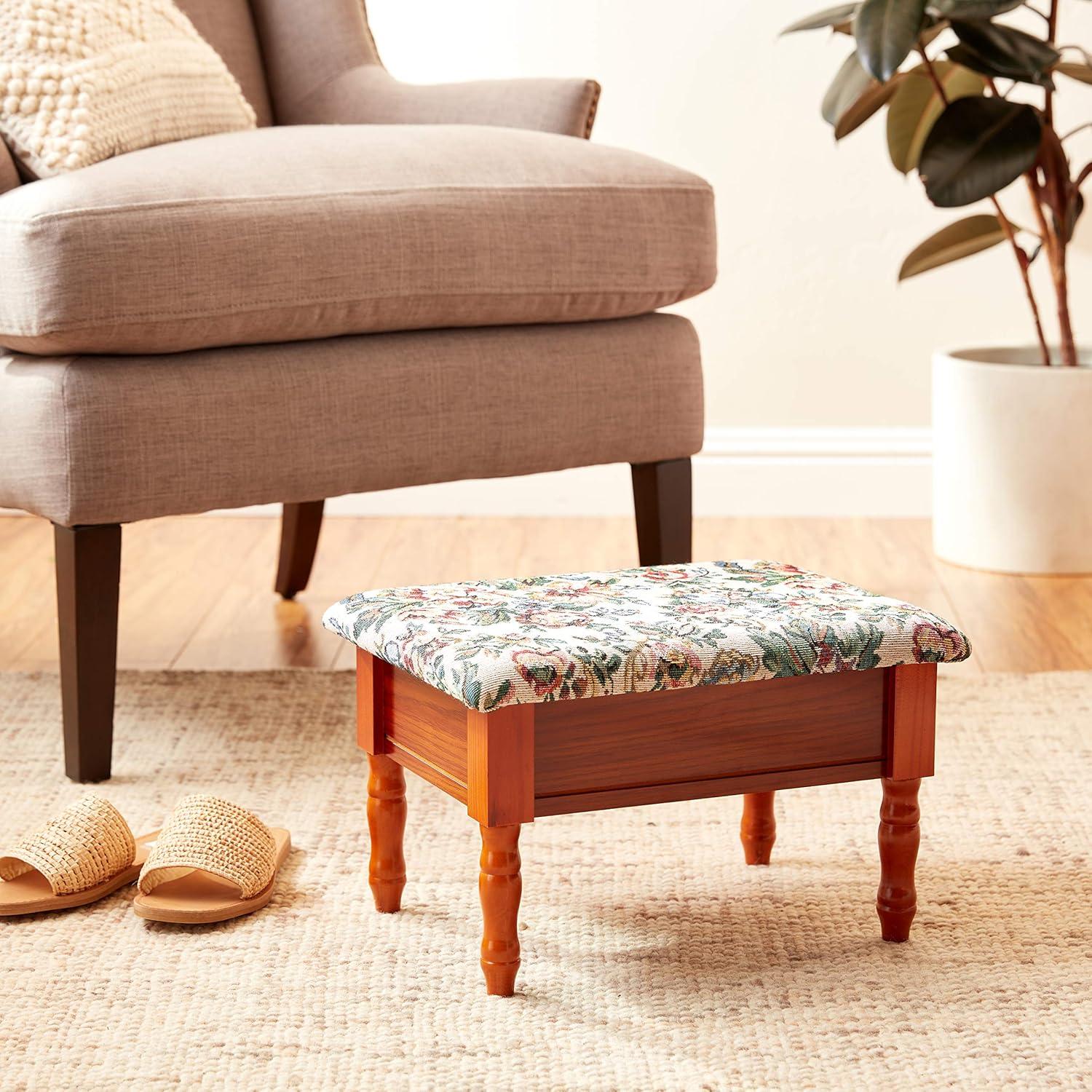 Modern Oak Finish Round Storage Footstool with Cream Damask Seat