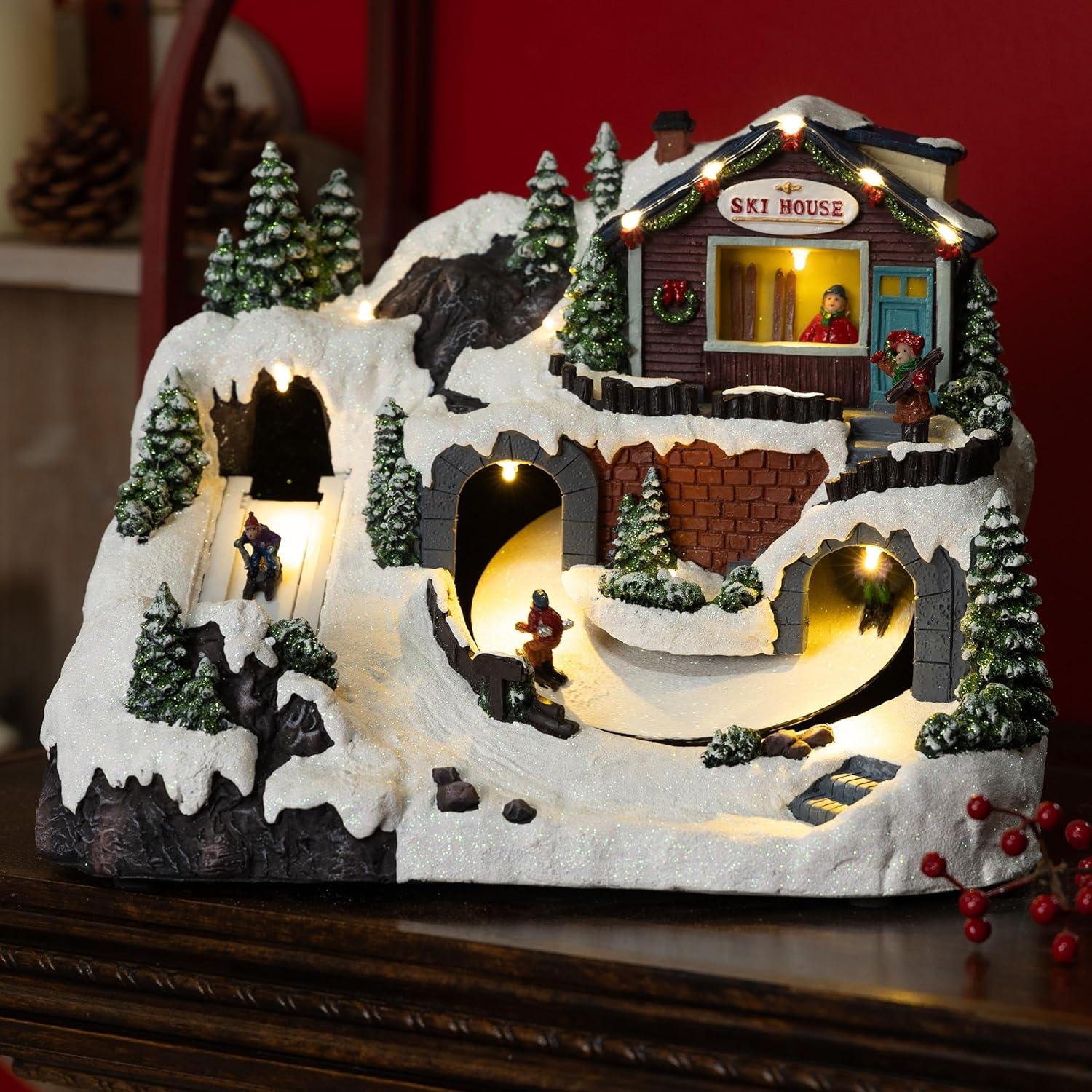 Animated Christmas Ski Resort Tabletop Decor with LED Lights