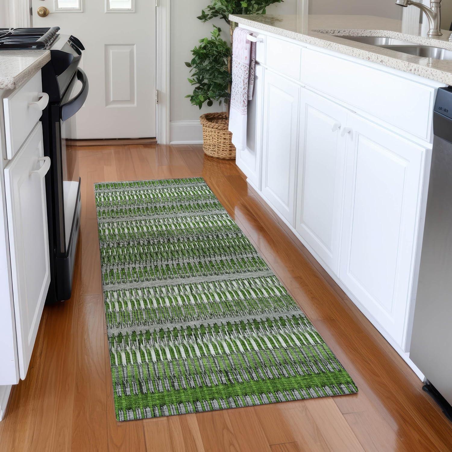 Green and Gray Flat Woven Stripe Synthetic Runner Rug