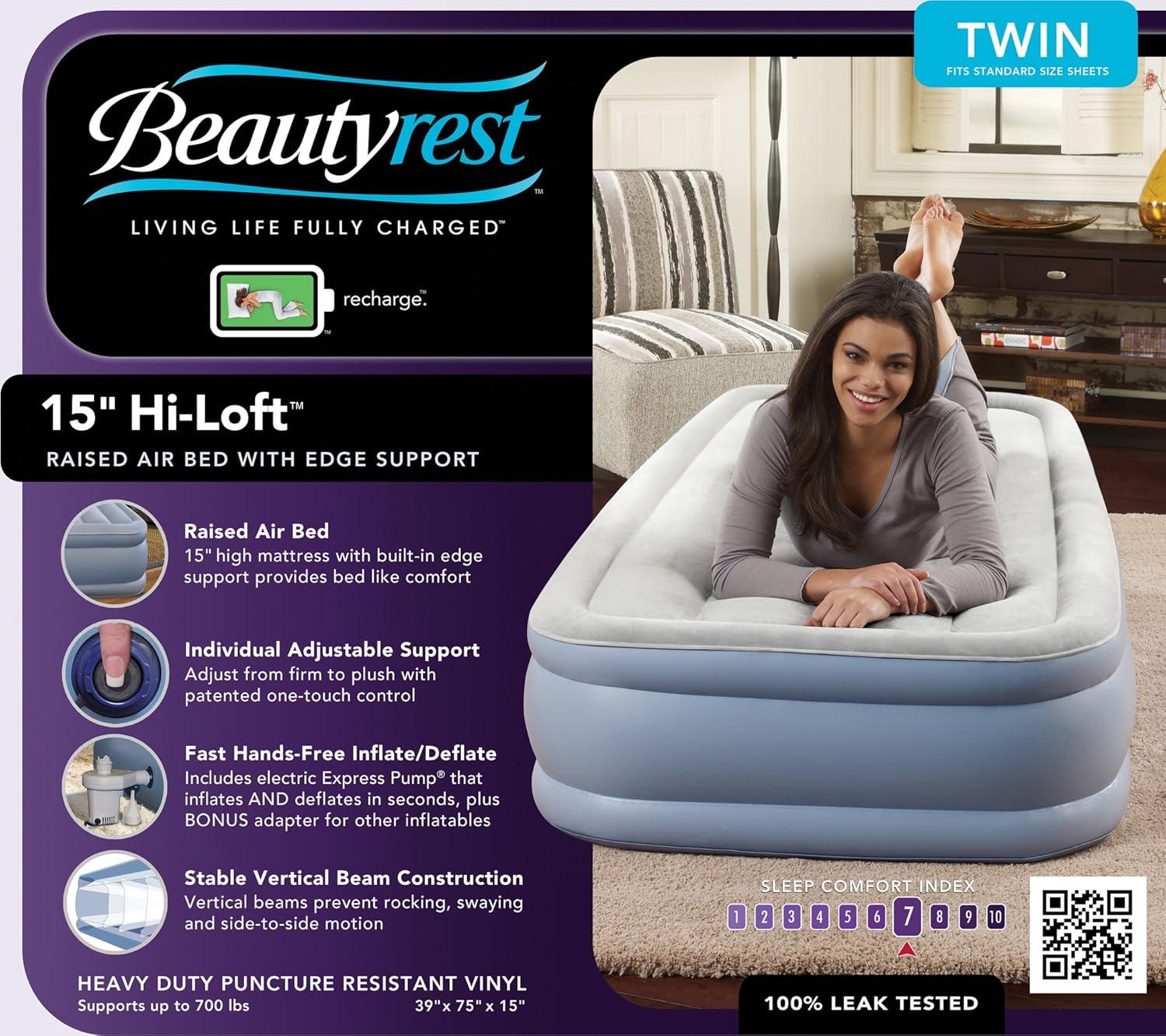 Beautyrest Hi Loft 15" Twin Size Air Mattress with External Pump - Blow up Air Bed 1-Year Warranty