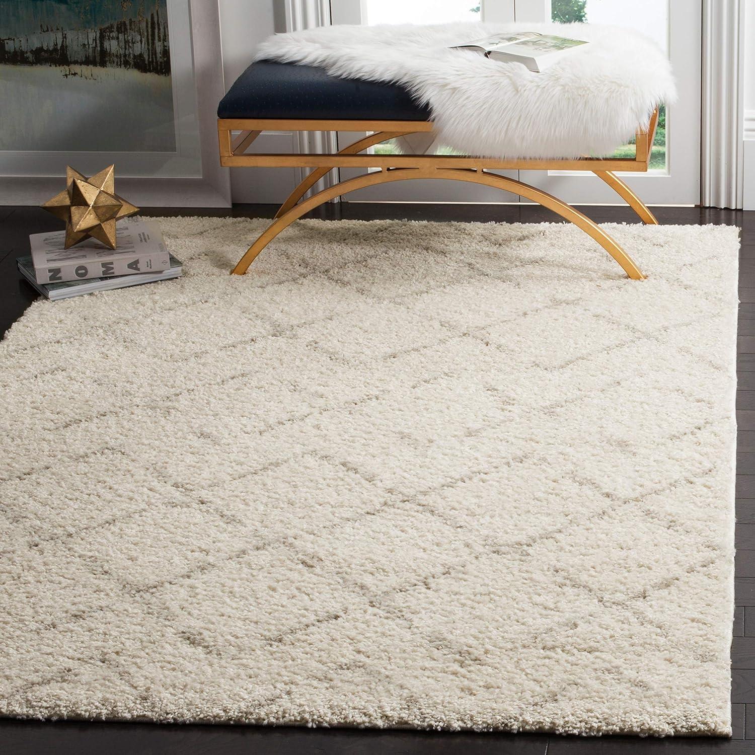 Ivory Rectangular Shag Synthetic Area Rug 6'7" x 9'2"