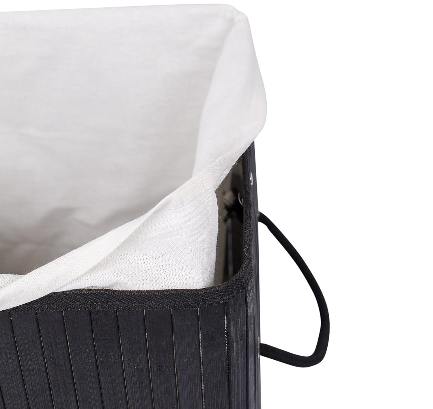 Square Laundry Hamper, Laundry Basket, Bamboo Collapsible Hamper with Lid, String and Cloth Liner for Bedroom, Living Room, Bathroom, Toilet, Hotel, Black