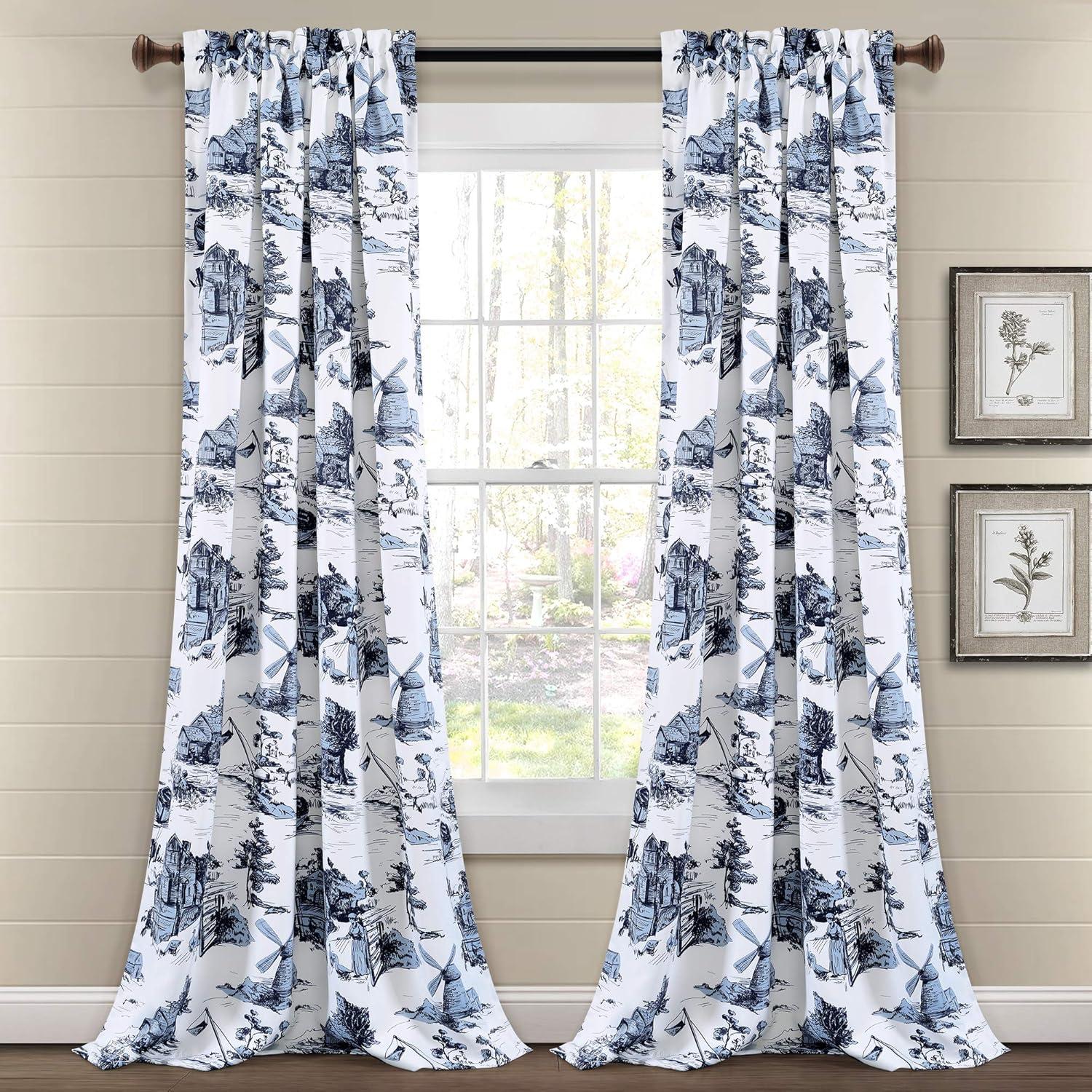 French Country Toile Polyester Room Darkening Curtain Pair