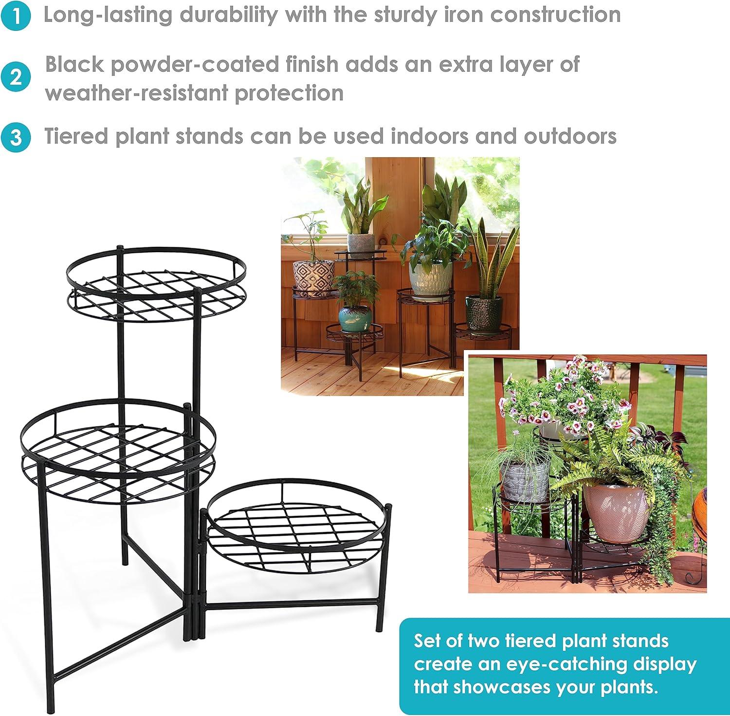 Sunnydaze Iron Metal 3-Tiered Decorative Flower Plant Pot Holder Stand Display - Black - 2pk