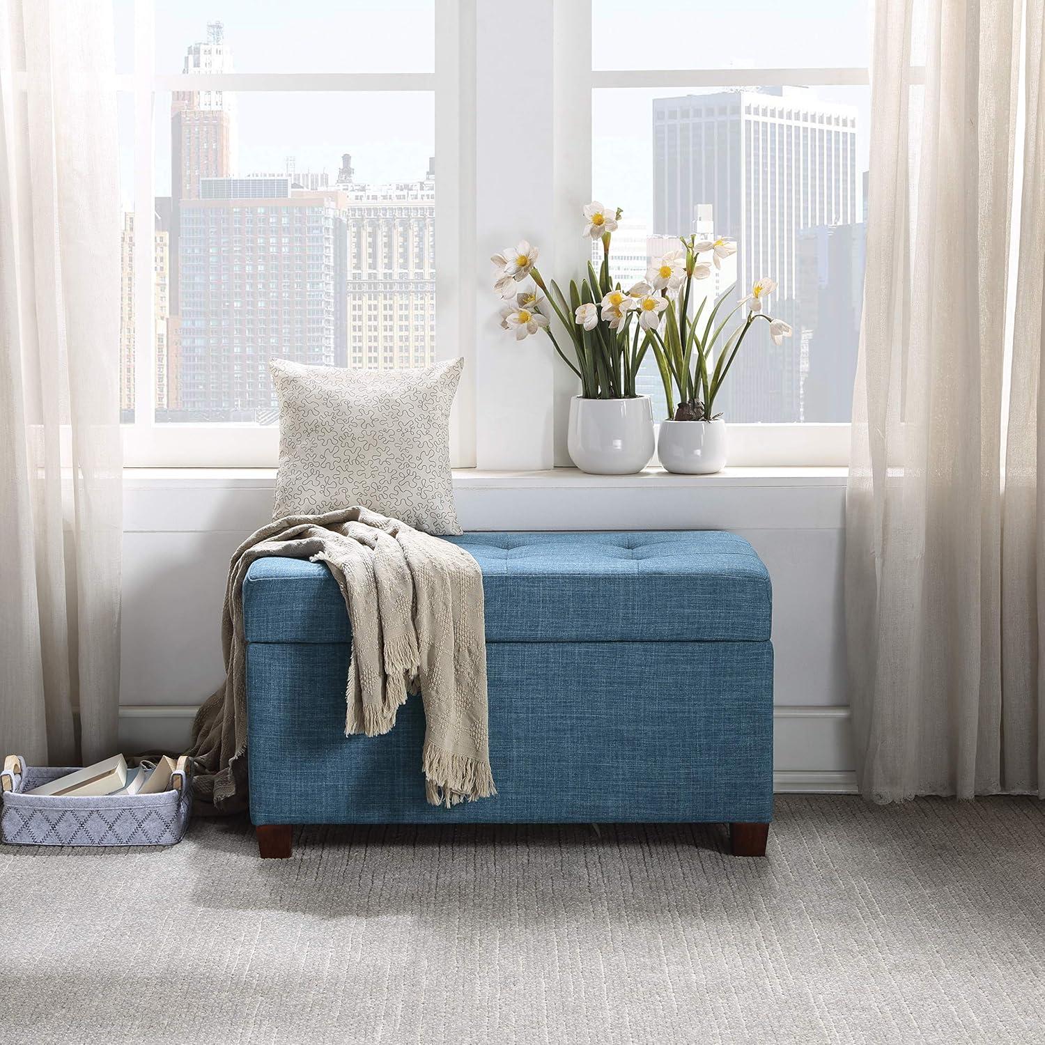 Blue Tufted Fabric Storage Ottoman with Plywood Frame