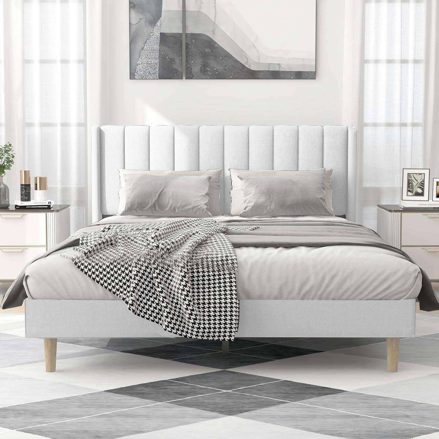 Alazyhome  Upholstered Platform Bed Frame No White Linen Queen