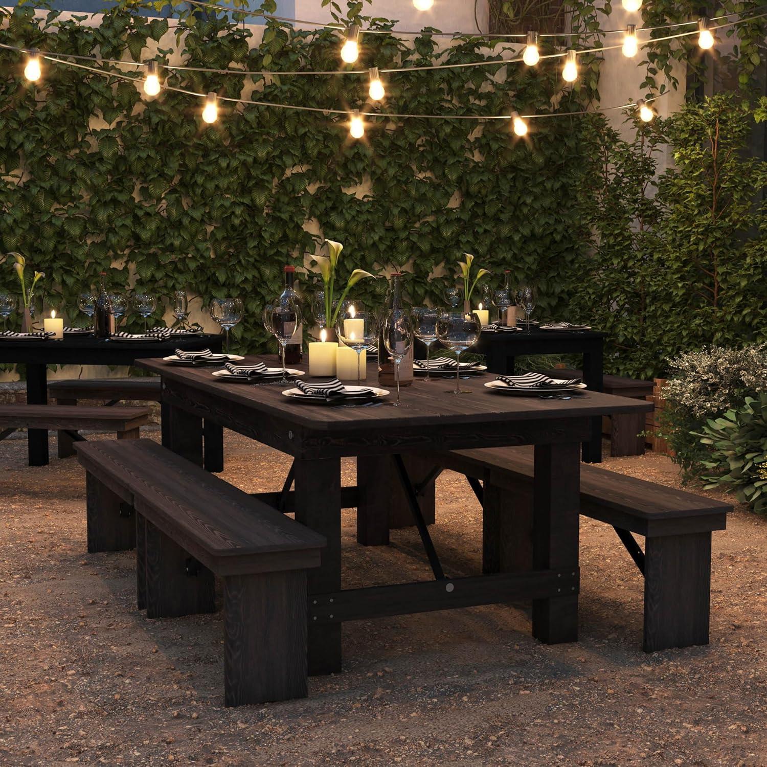 7' x 40'' Rectangular Solid Pine Folding Farm Dining Table in Black Wash Finish