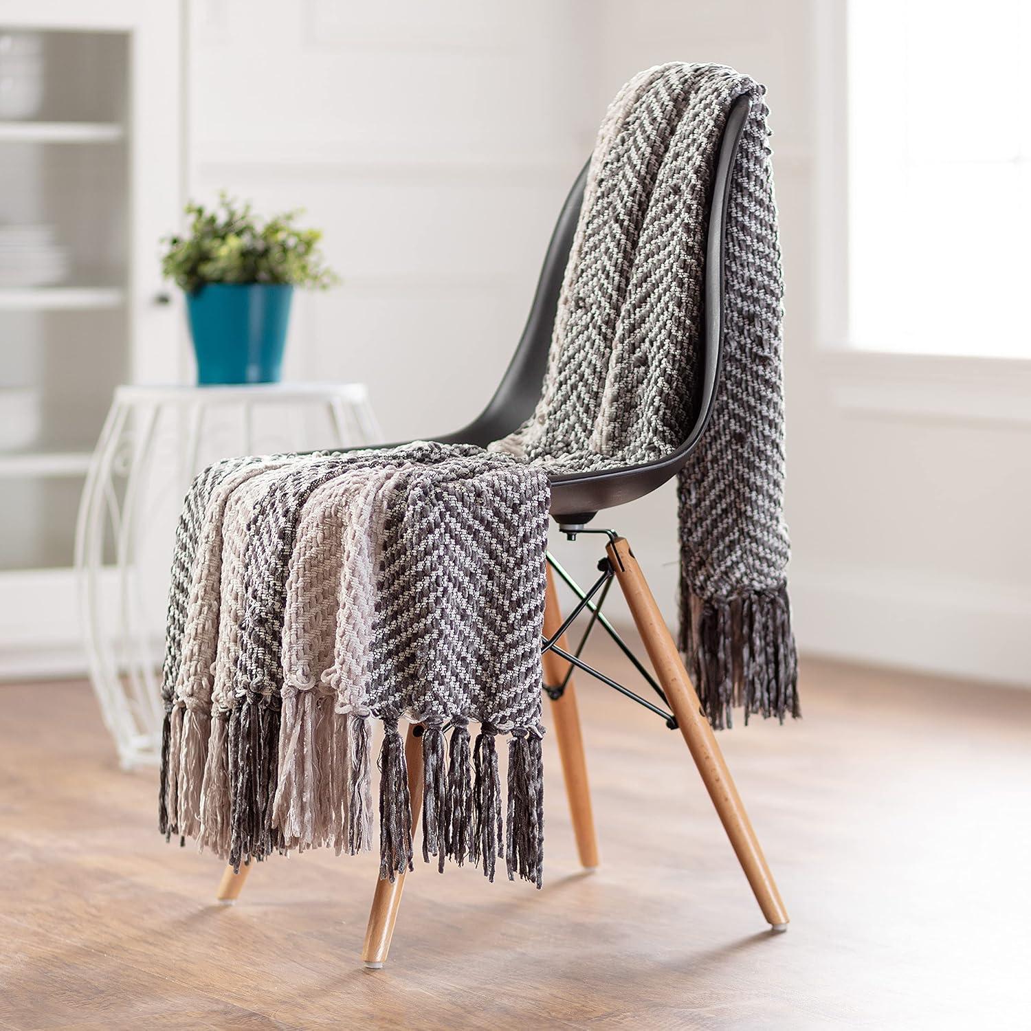 Taupe and Cream Knitted Chenille Throw Blanket with Fringe