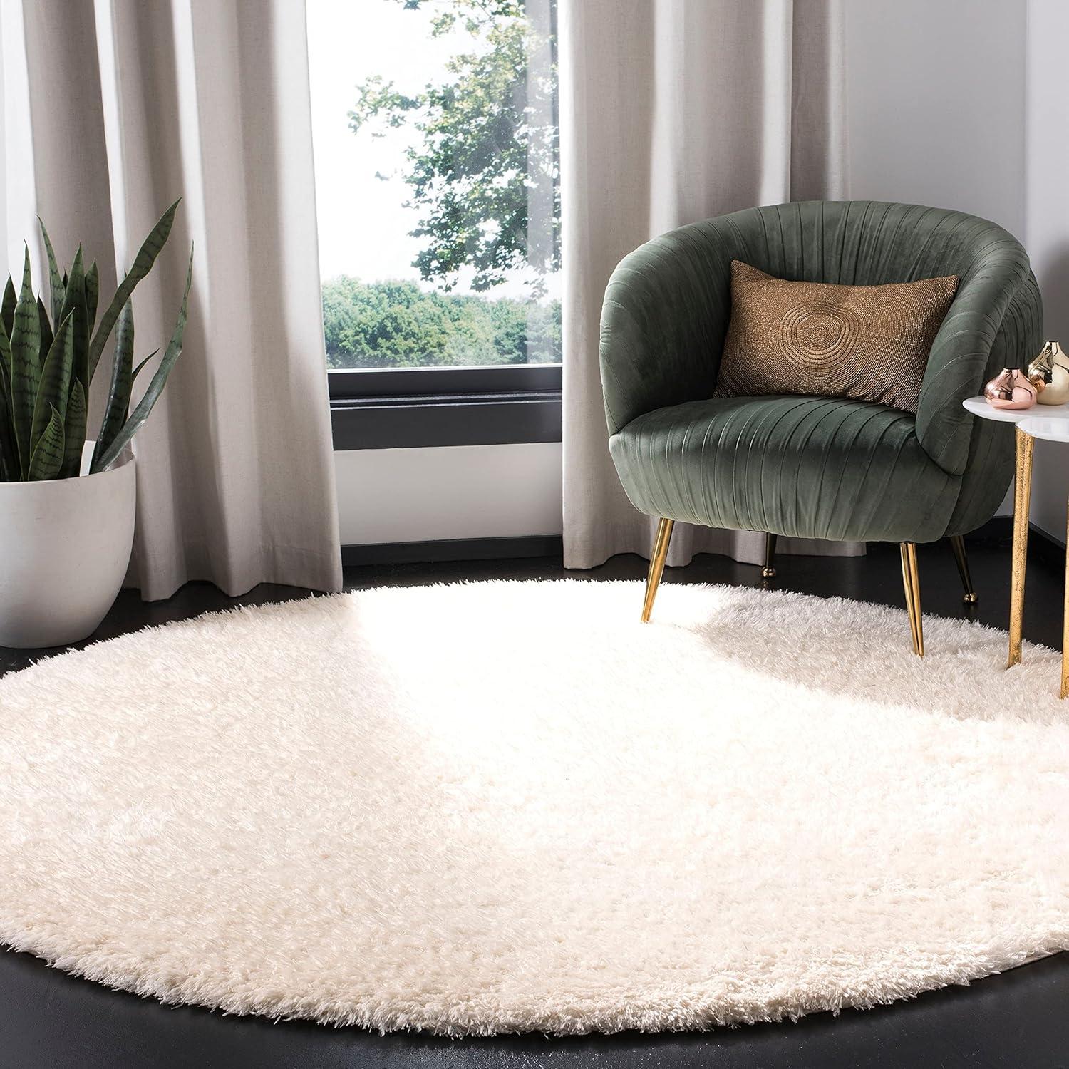 Luxurious Ivory Square Shag Area Rug - Hand-knotted Wool & Synthetic Blend