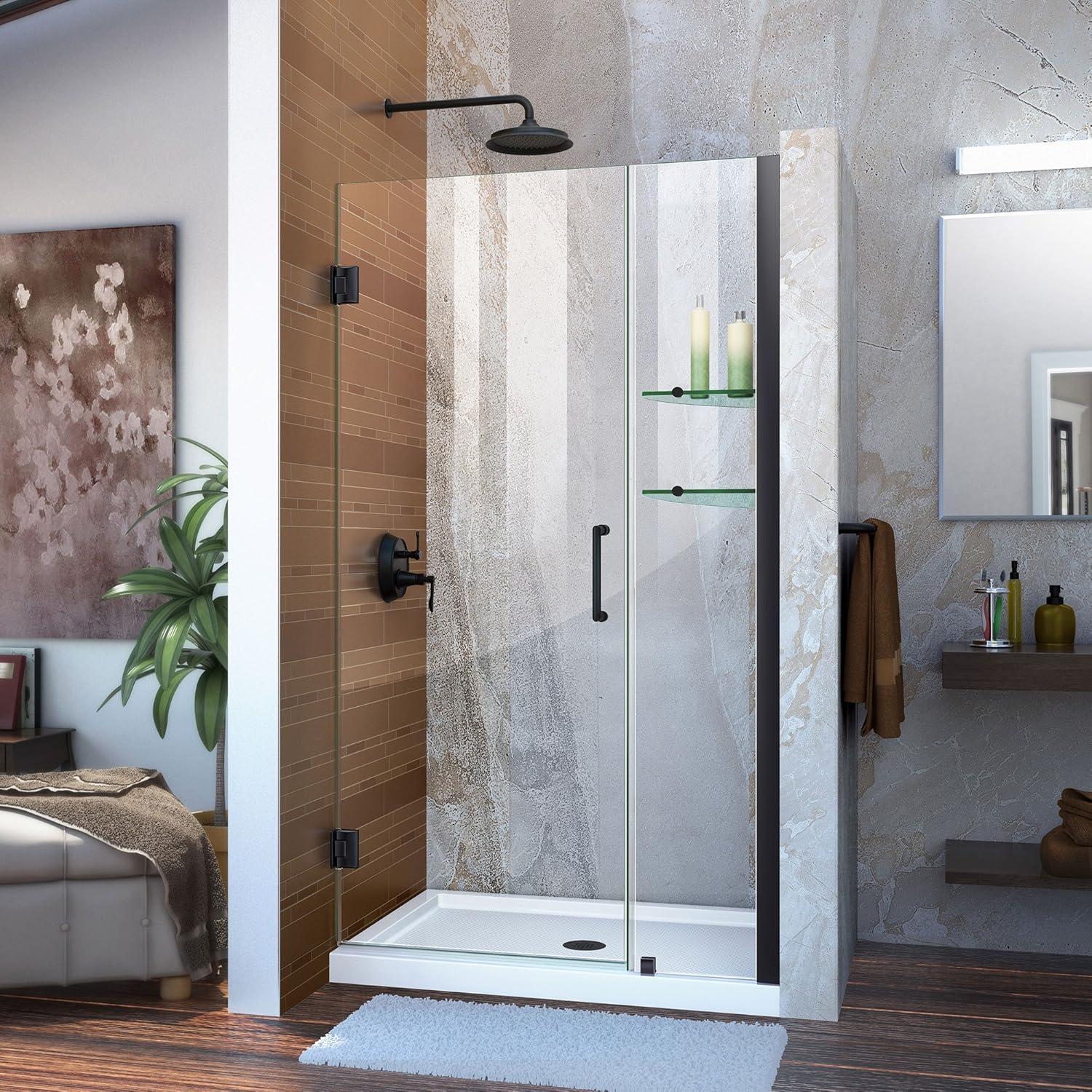 Unidoor 42" Satin Black Frameless Hinged Shower Door with Clear Glass