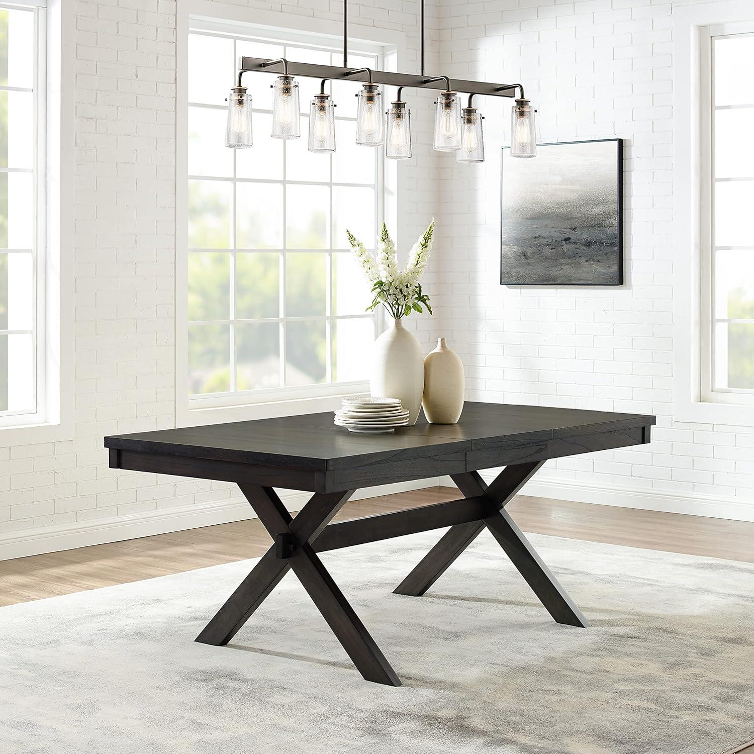 Crosley Hayden Extendable Dining Table Slate: Rustic Farmhouse Style, Seats 8 with Leaf, MDF & Rubberwood